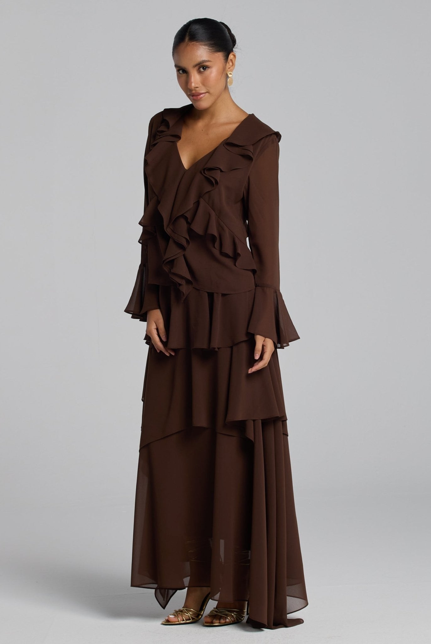 Brown Chiffon Ruffle Maxi Dress - shopaleena