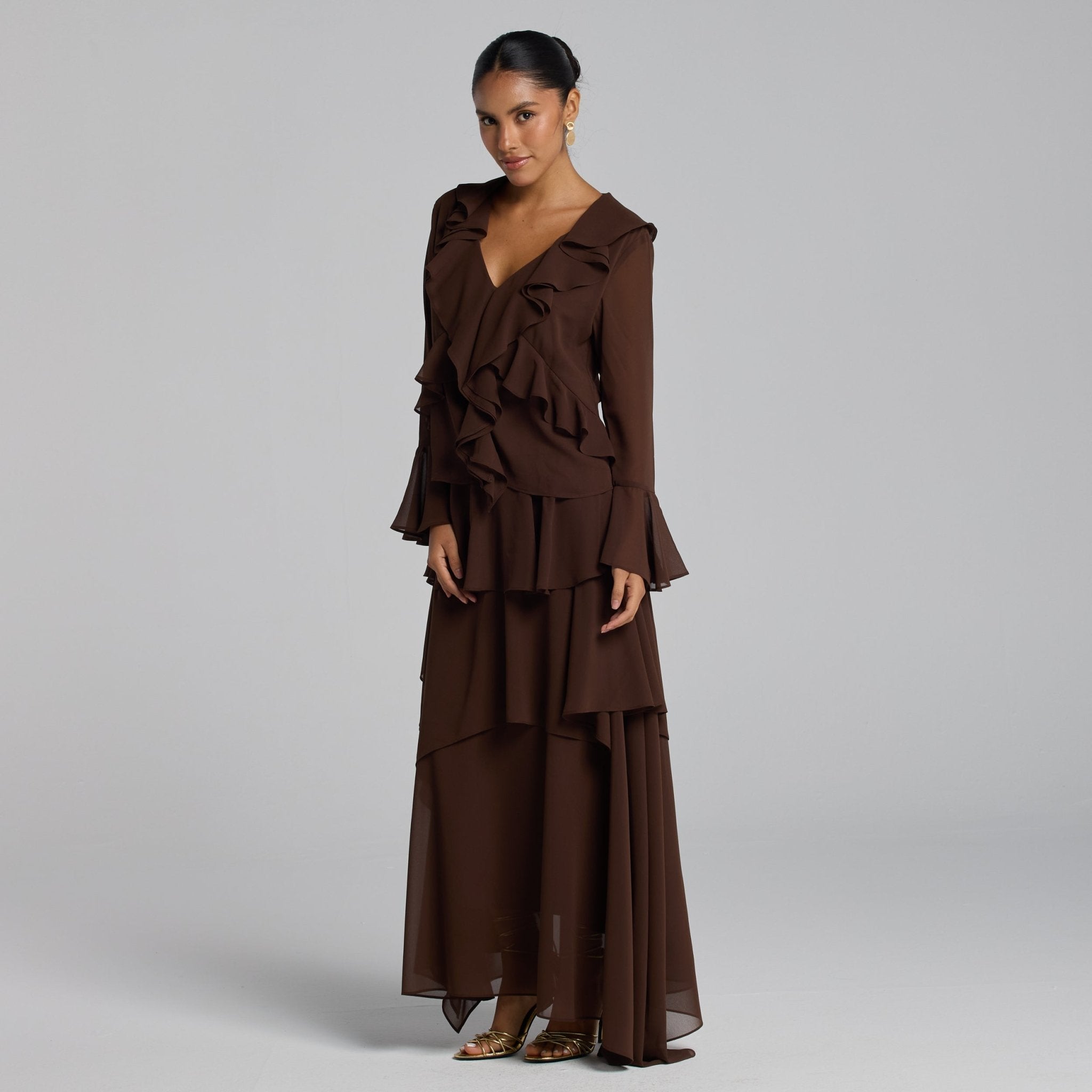 Brown Chiffon Ruffle Maxi Dress - shopaleena