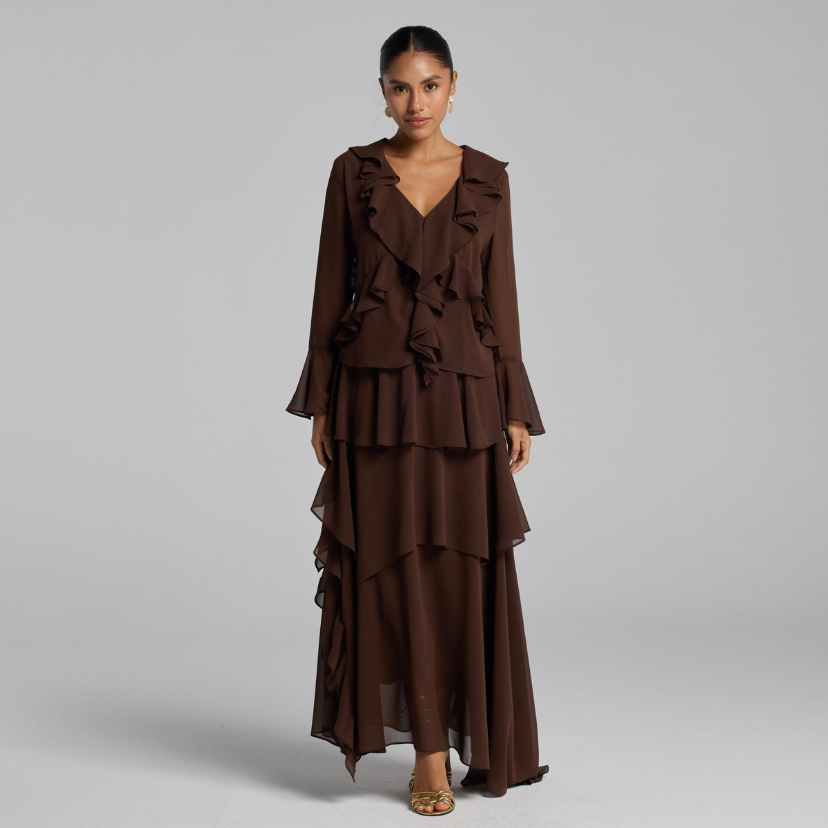 brown dress ruffle Chiffon Top & Skirt Set – shopaleena Women's Wear Cobalt Jacquard Bridesmaid Dresses Designed with a focus Length:Regular (27 Inches)