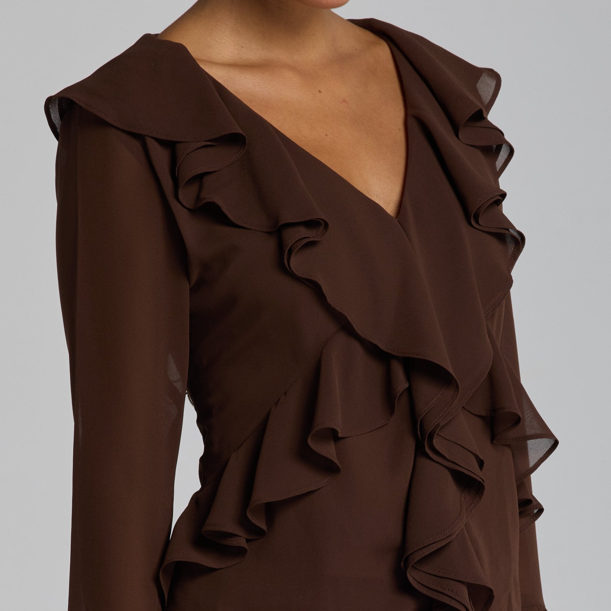 Brown Chiffon Ruffle Maxi Dress - shopaleena