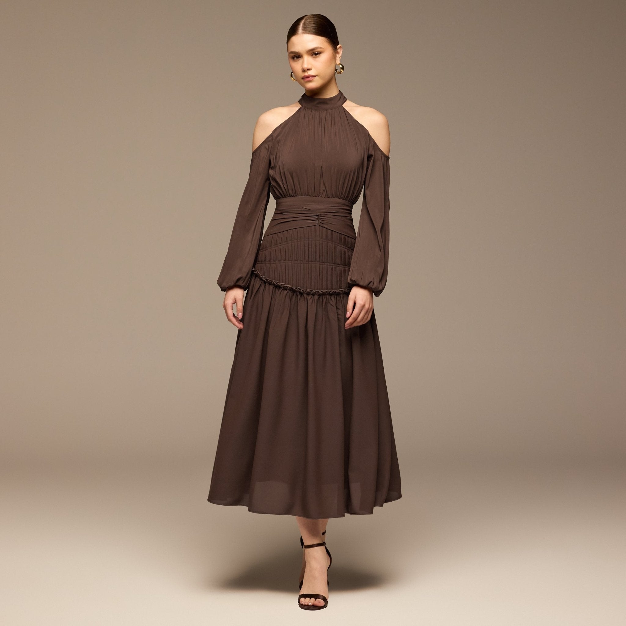 Brown Cold Shoulder Chiffon Dress - shopaleena