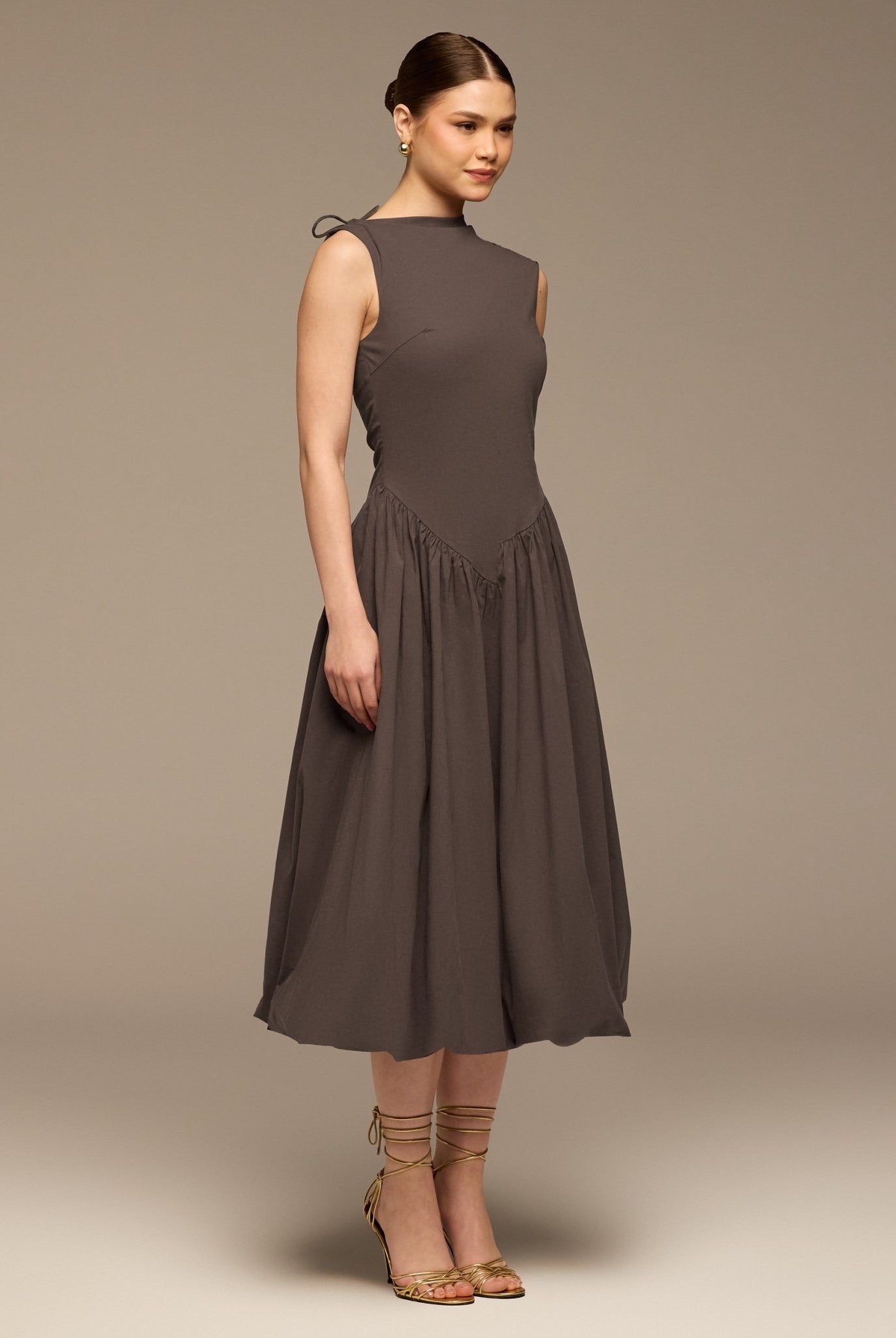 Brown Cotton Sleeveless Balloon Dress - shopaleena