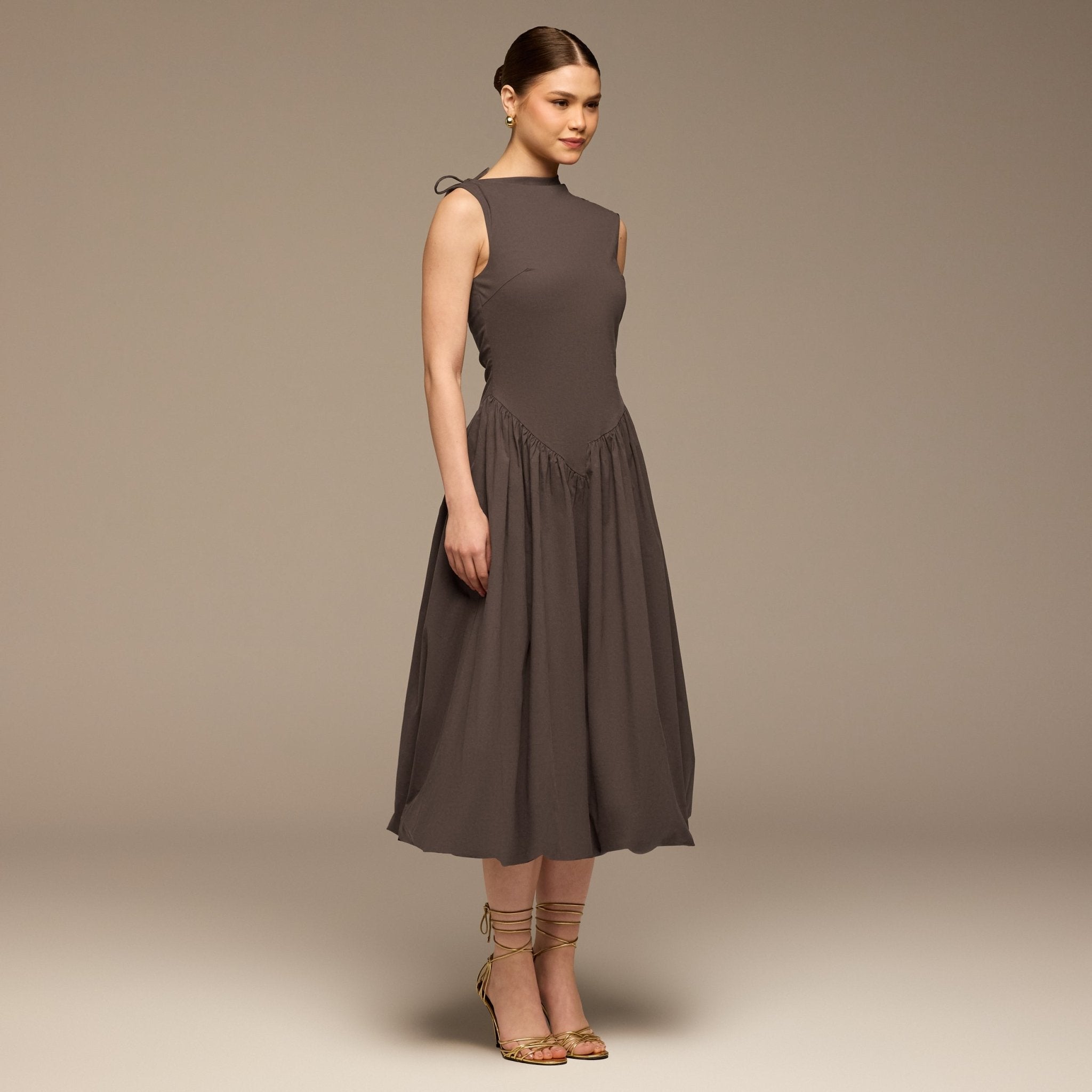 Brown Cotton Sleeveless Balloon Dress - shopaleena