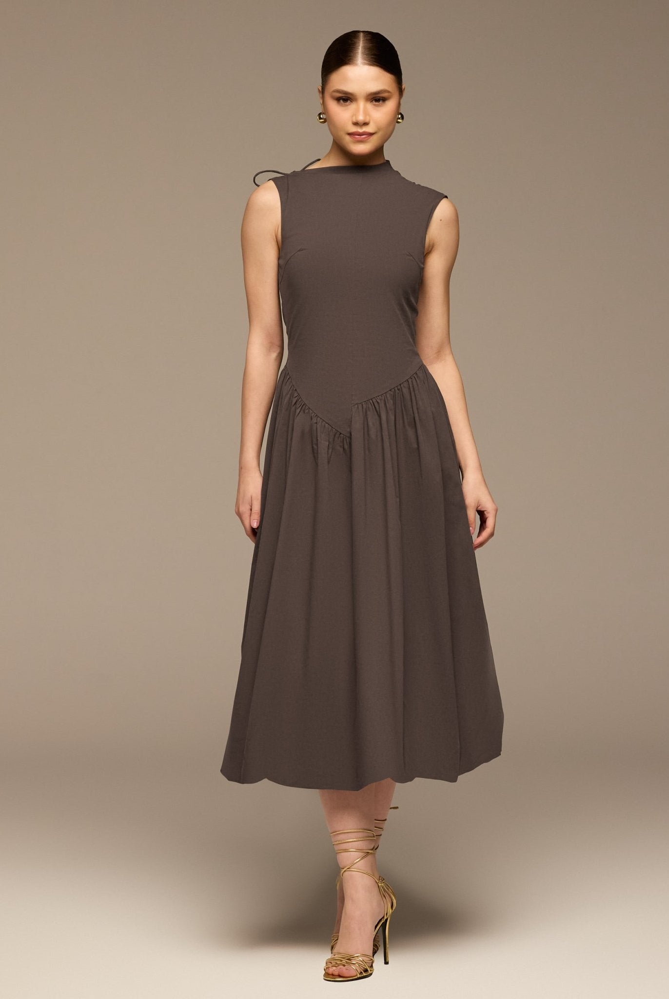 Brown Cotton Sleeveless Balloon Dress - shopaleena