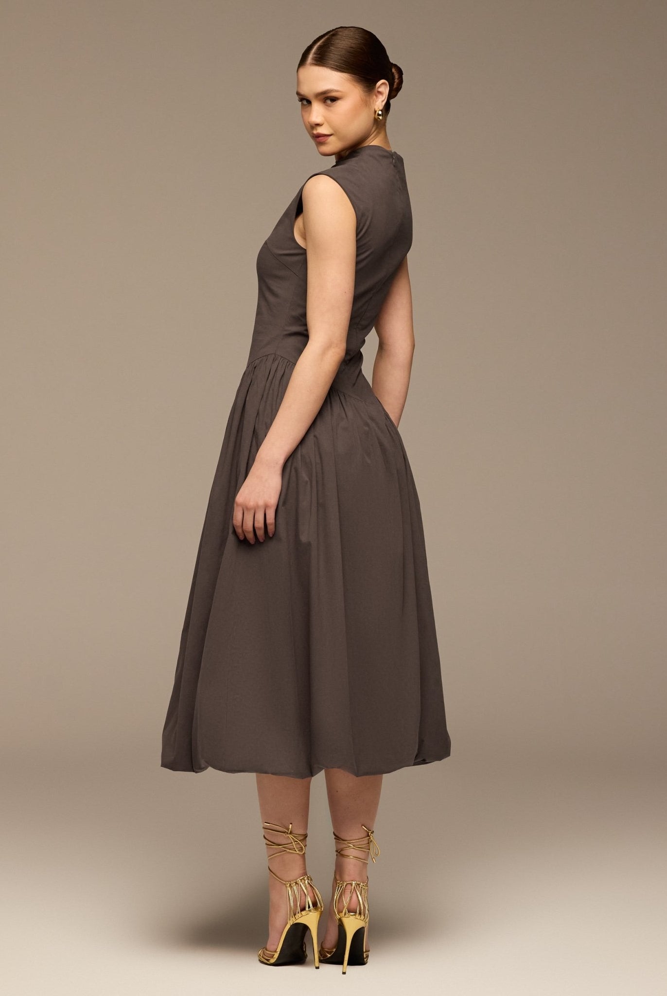 Brown Cotton Sleeveless Balloon Dress - shopaleena