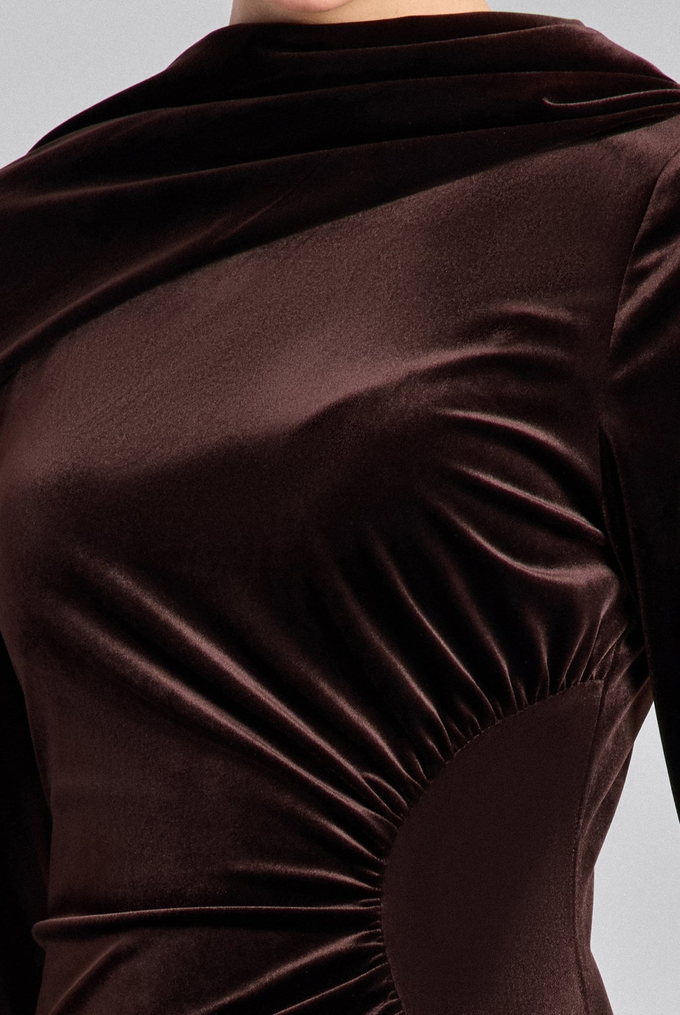 Brown Cowl Neck Draped Velvet Midi Dress - shopaleena
