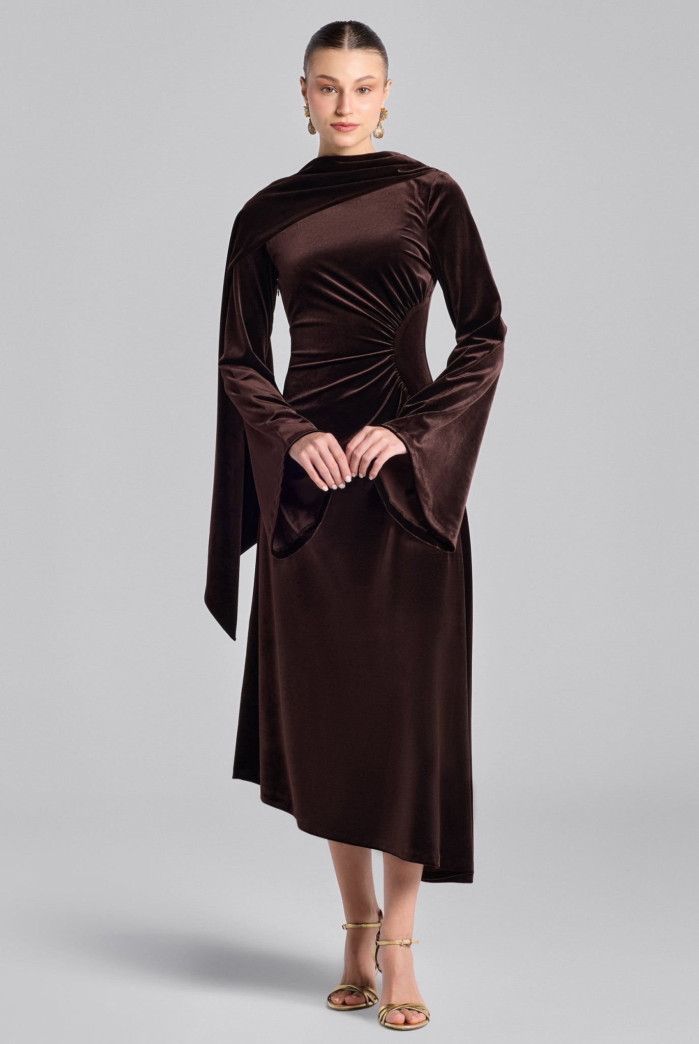 Brown Cowl Neck Draped Velvet Midi Dress - shopaleena