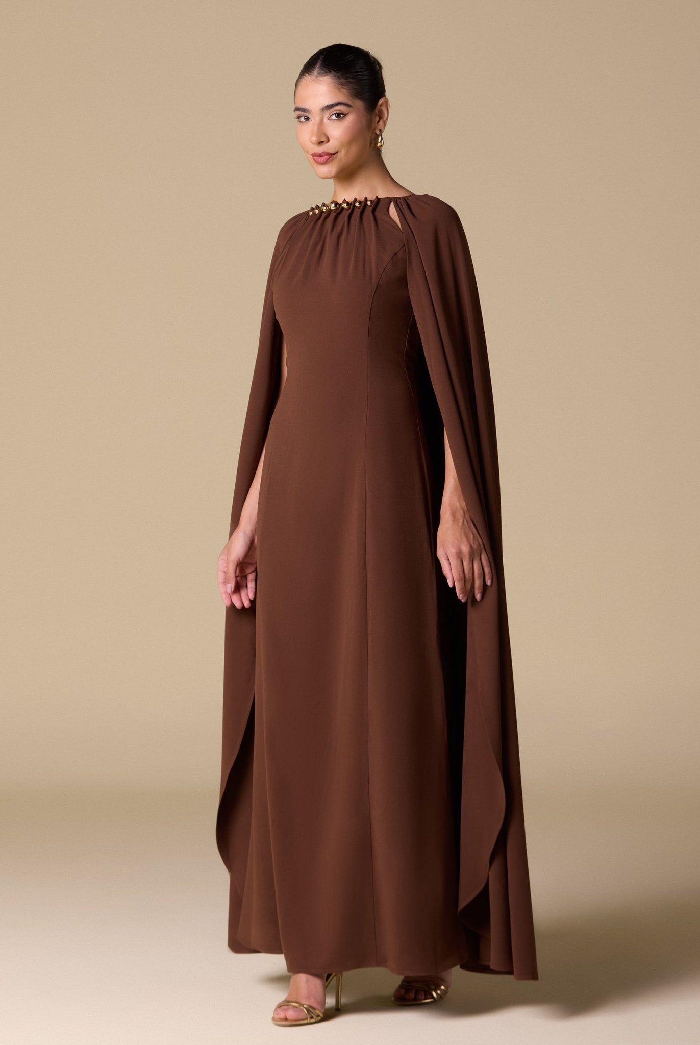Brown Crepe Cape Maxi Dress with Stone Bead Neckline - shopaleena