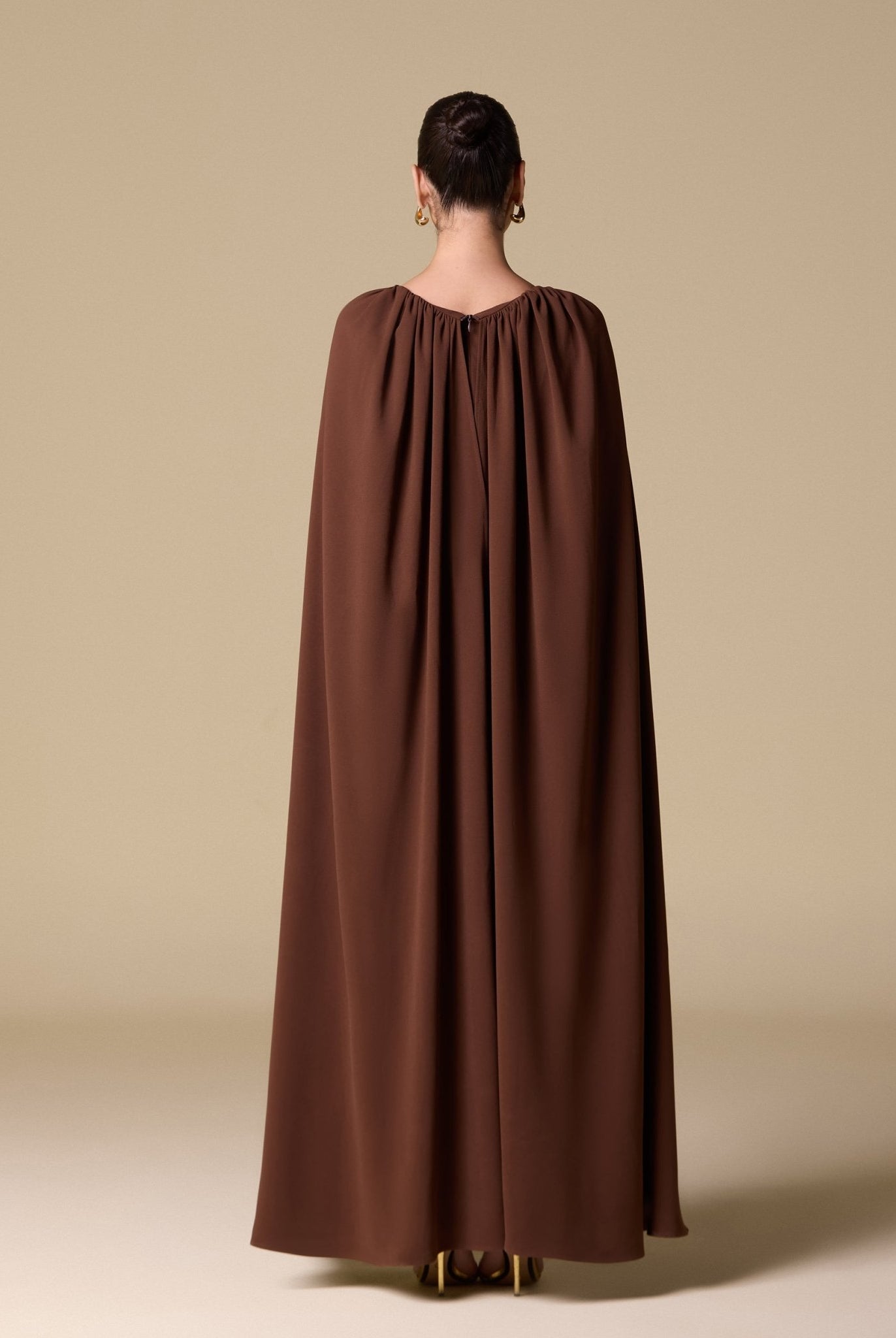 Brown Crepe Cape Maxi Dress with Stone Bead Neckline - shopaleena