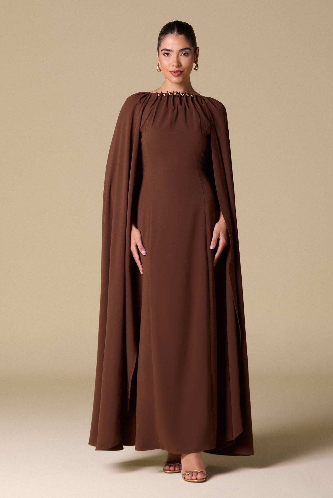 Brown Crepe Cape Maxi Dress with Stone Bead Neckline - shopaleena