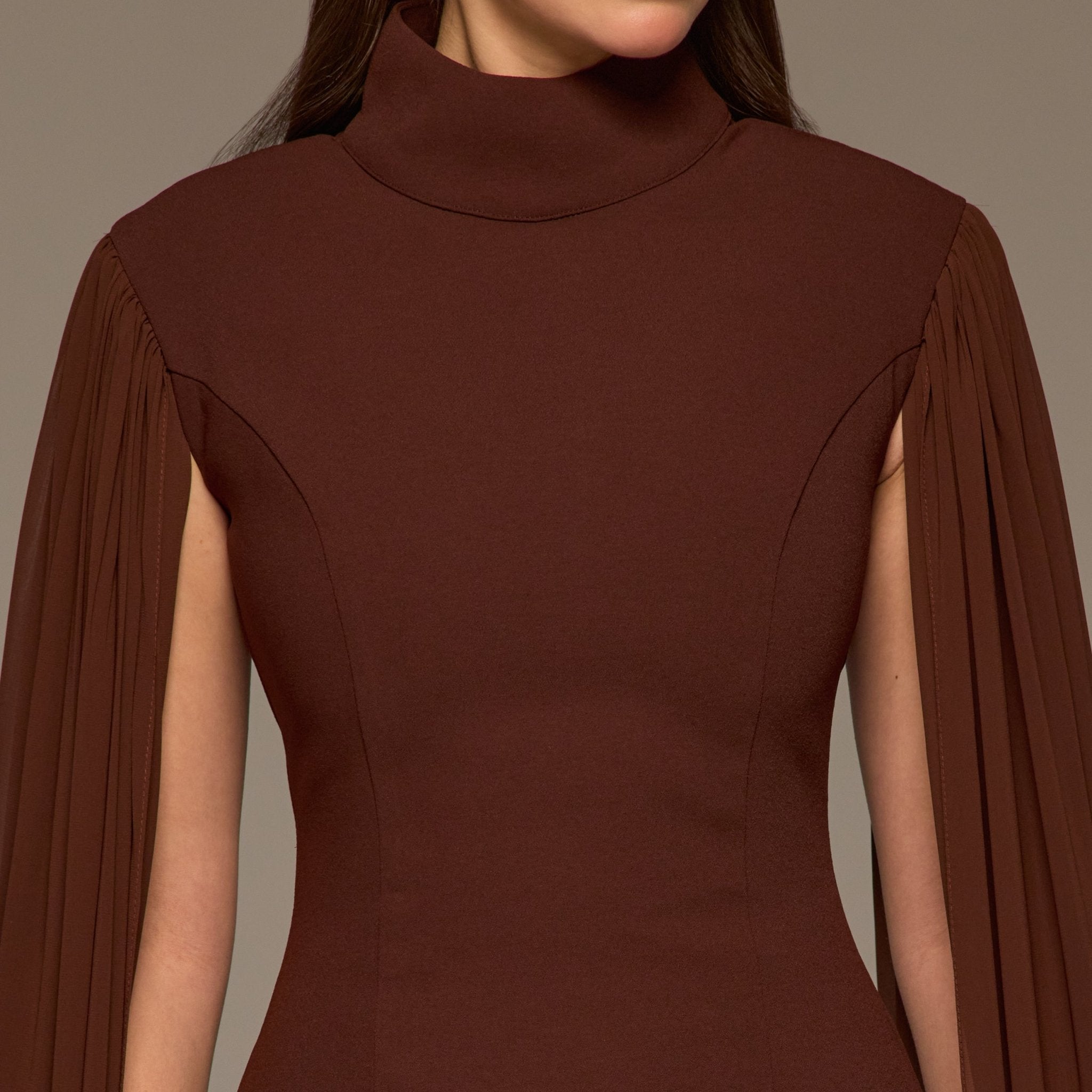 Brown Crepe & Chiffon Cape Sleeve Gown - shopaleena