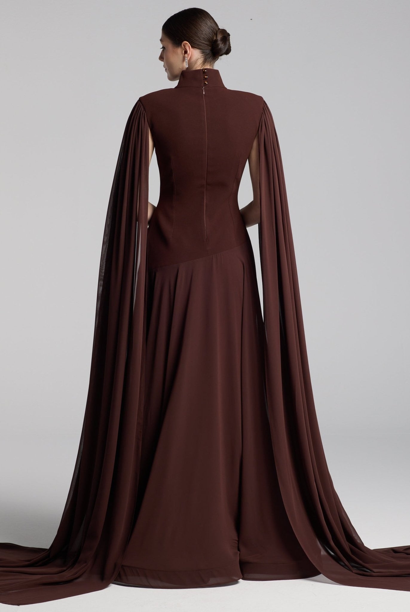Brown Crepe & Chiffon Cape Sleeve Gown - shopaleena