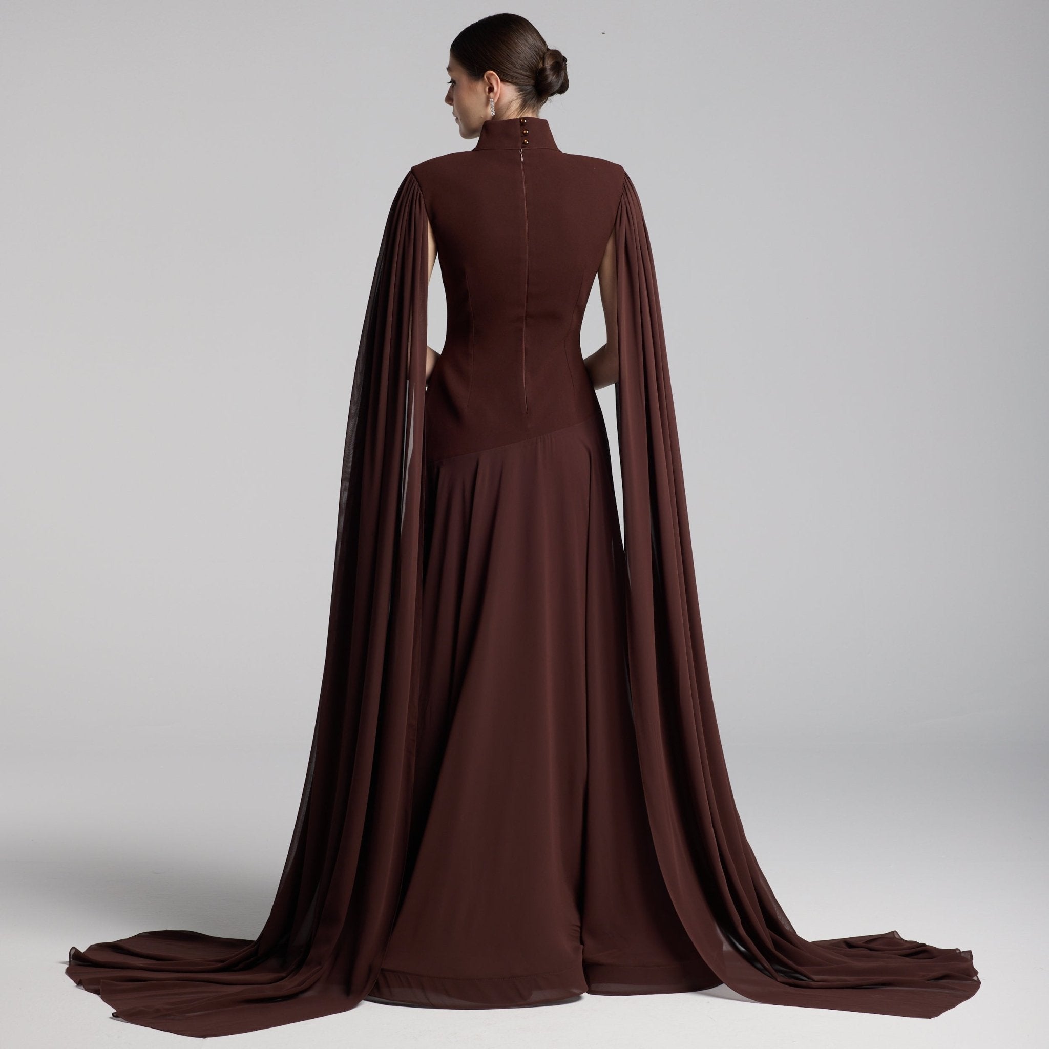Brown Crepe & Chiffon Cape Sleeve Gown - shopaleena