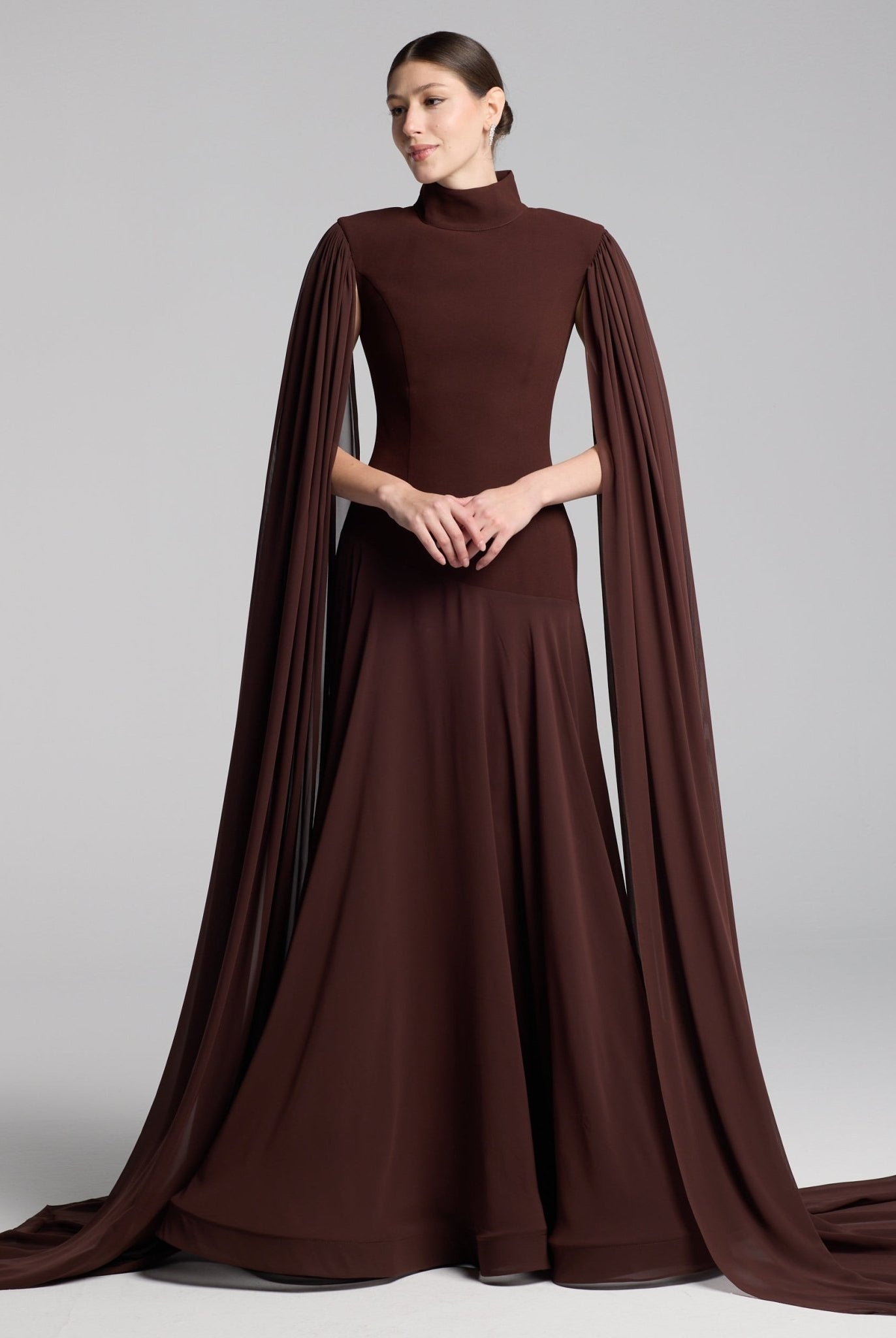 Brown Crepe & Chiffon Cape Sleeve Gown - shopaleena