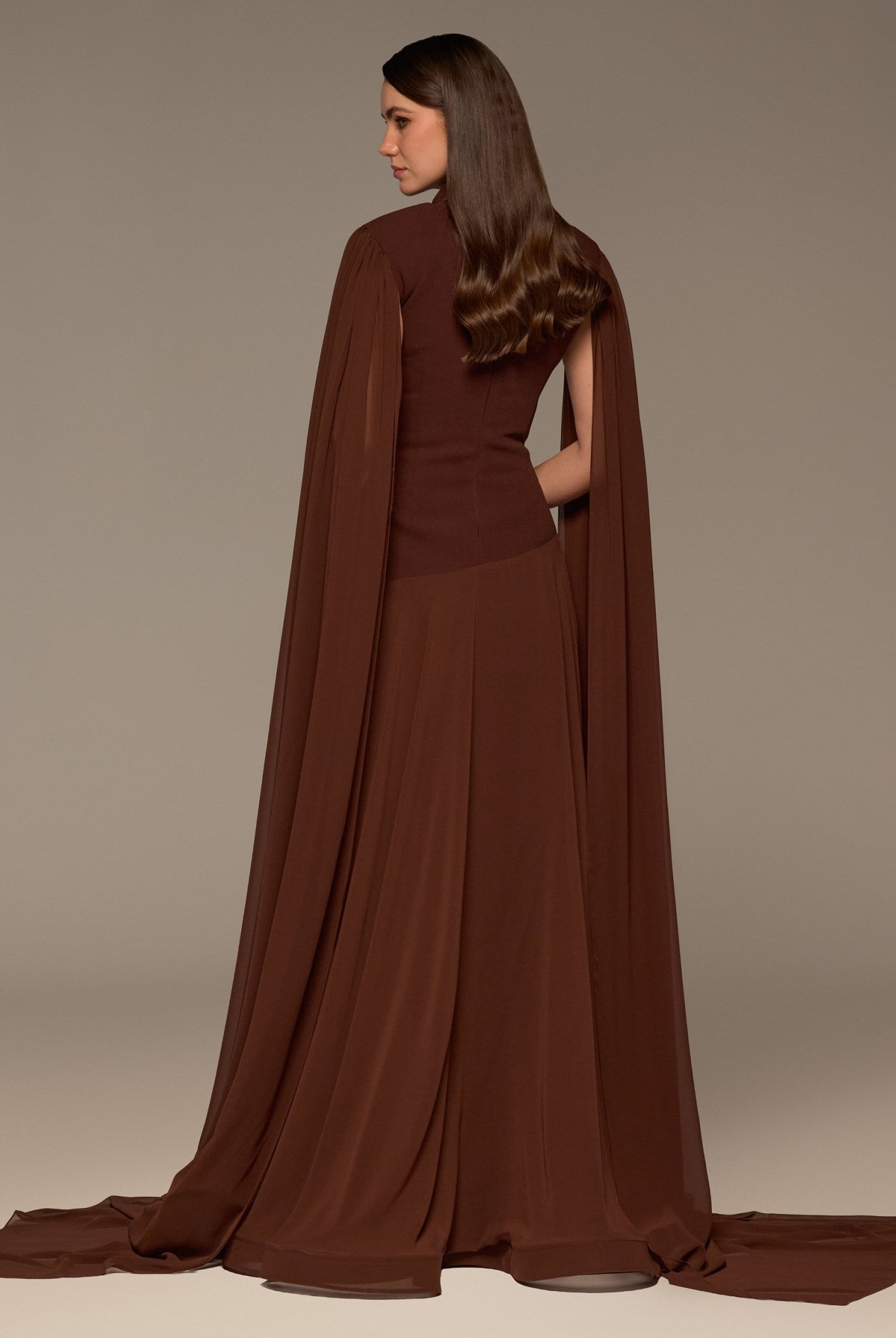Brown Crepe & Chiffon Cape Sleeve Gown - shopaleena