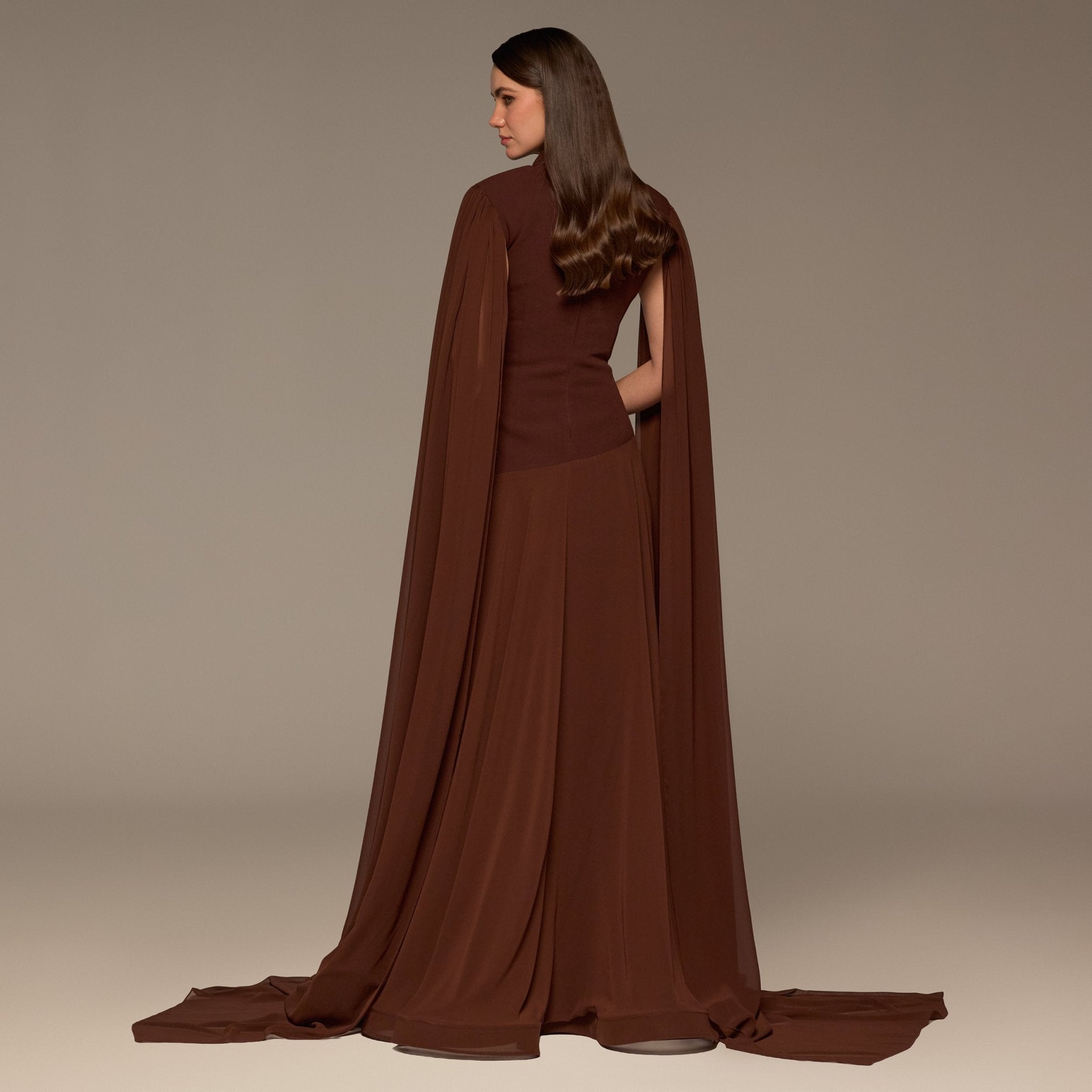 Brown Crepe & Chiffon Cape Sleeve Gown - shopaleena
