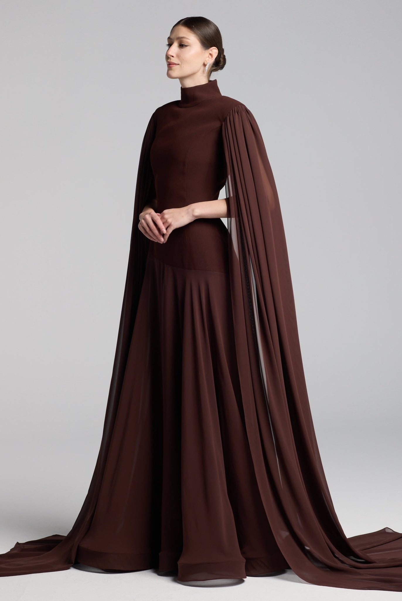 Brown Crepe & Chiffon Cape Sleeve Gown - shopaleena