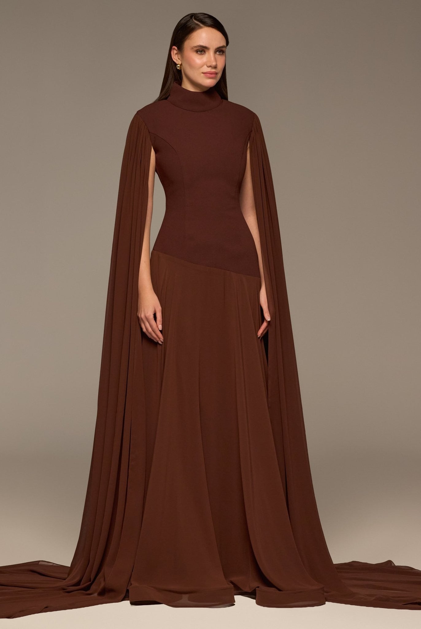 Brown Crepe & Chiffon Cape Sleeve Gown - shopaleena