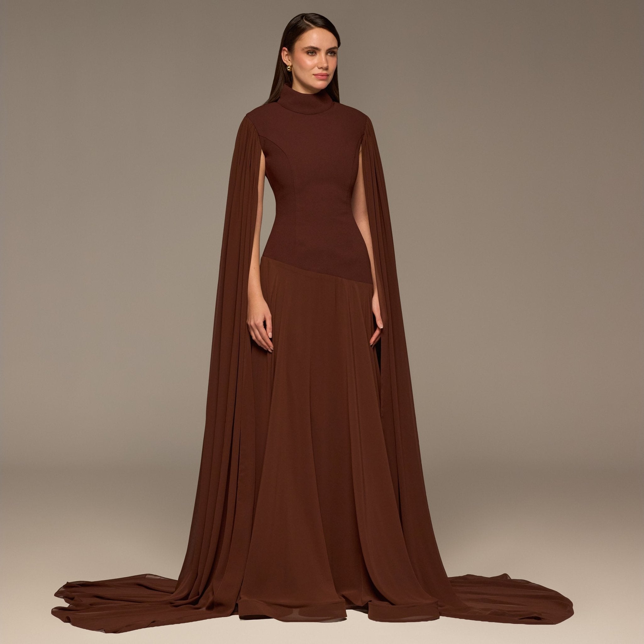 Brown Crepe & Chiffon Cape Sleeve Gown - shopaleena