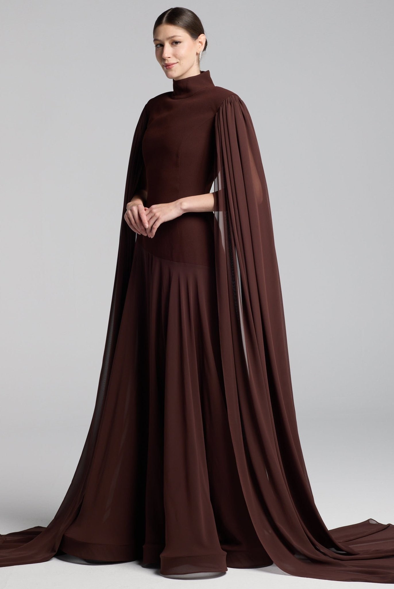 Brown Crepe & Chiffon Cape Sleeve Gown - shopaleena