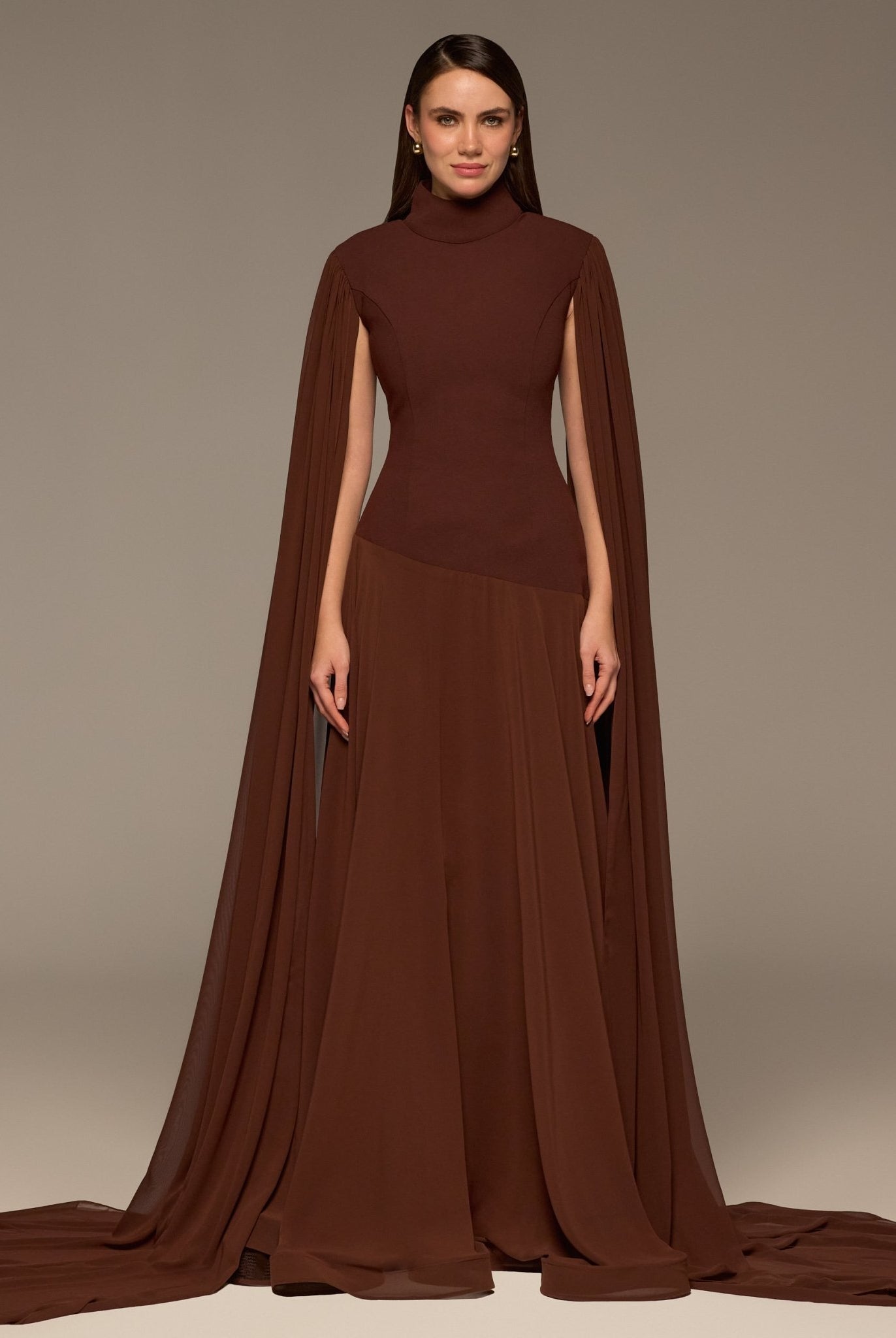 Brown Crepe & Chiffon Cape Sleeve Gown - shopaleena