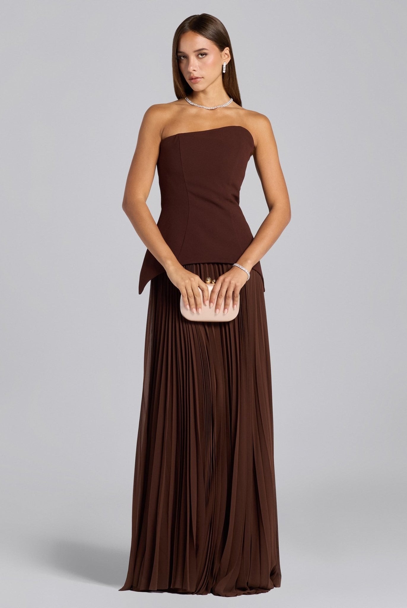 Brown Crepe & Chiffon One Shoulder Dress with Pleated Skirt - shopaleena