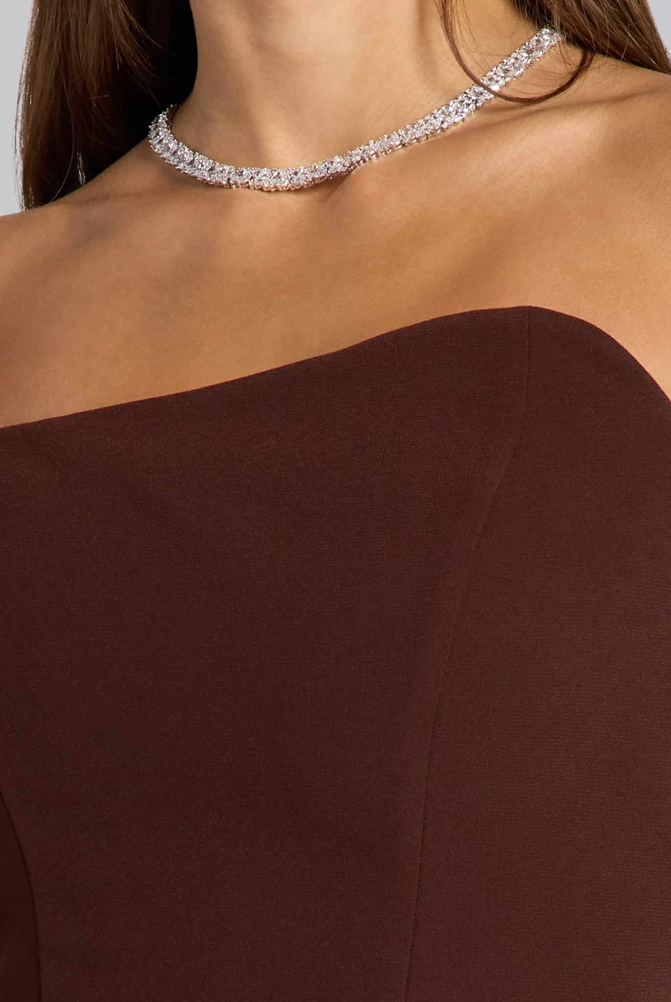 Brown Crepe & Chiffon One Shoulder Dress with Pleated Skirt - shopaleena