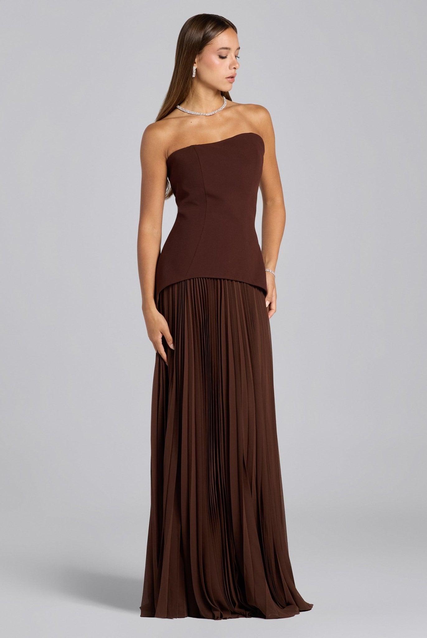 Brown Crepe & Chiffon One Shoulder Dress with Pleated Skirt - shopaleena