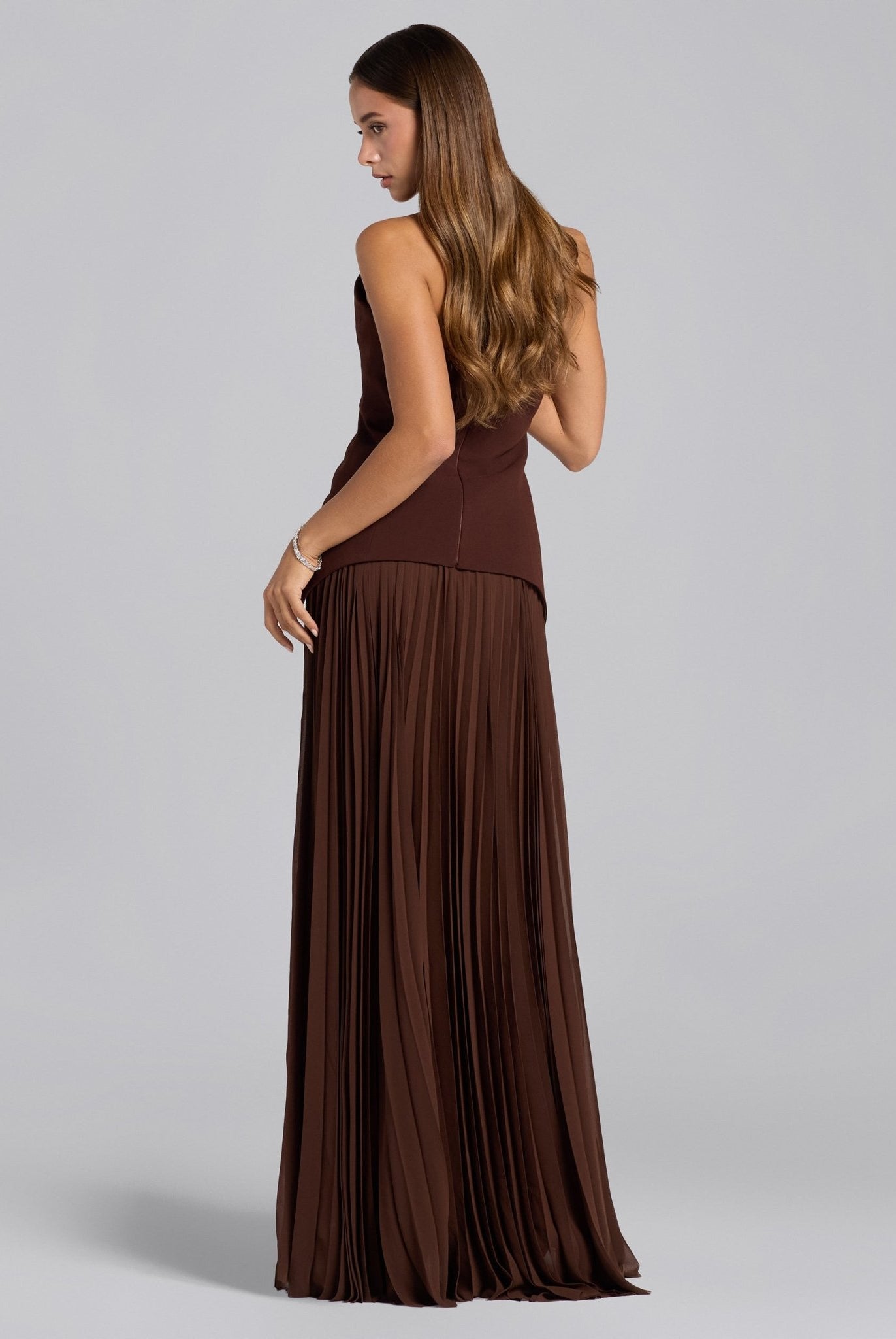 Brown Crepe & Chiffon One Shoulder Dress with Pleated Skirt - shopaleena