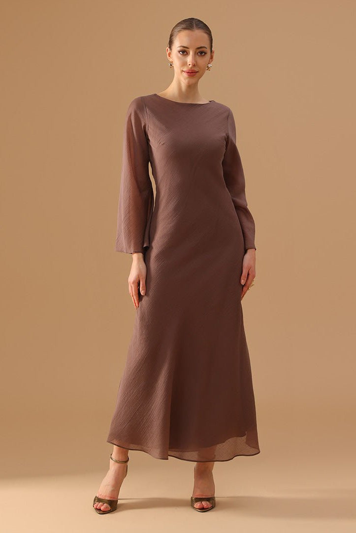 Brown Crepe Dress with Flared Long Sleeves - shopaleena