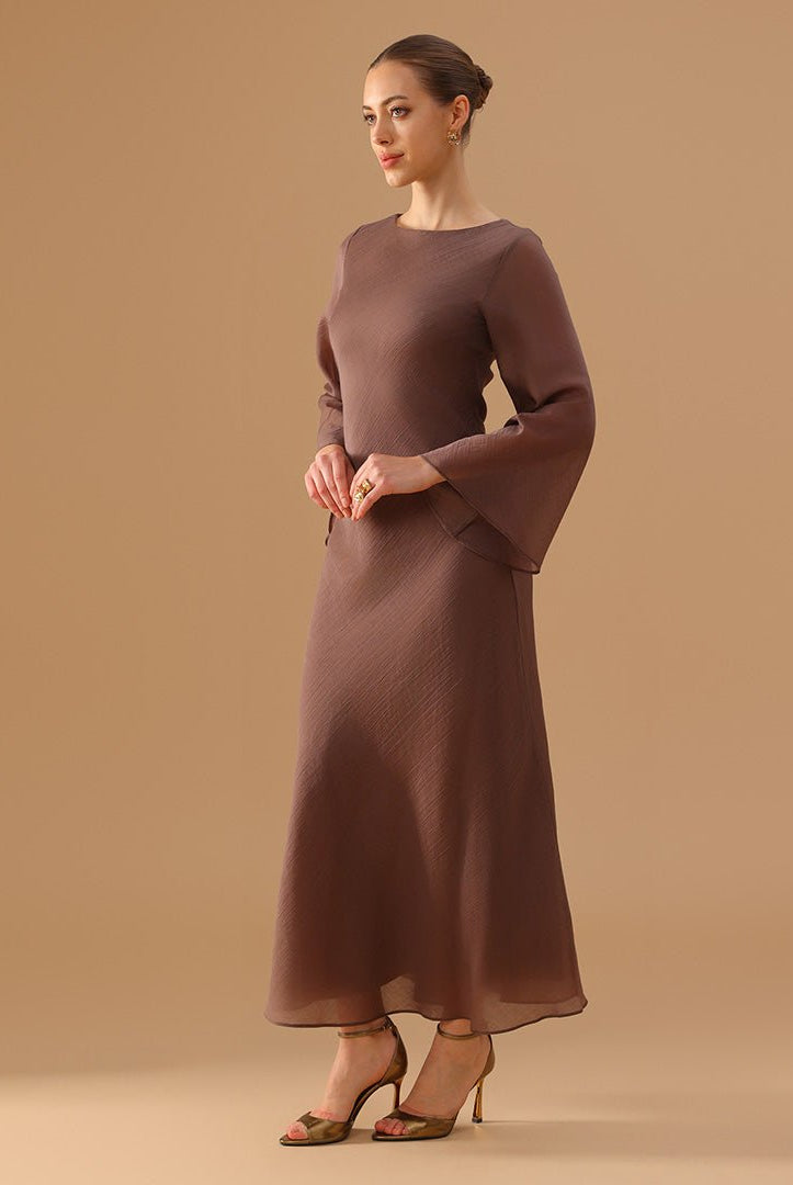Brown Crepe Dress with Flared Long Sleeves - shopaleena