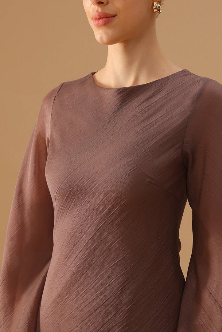 Brown Crepe Dress with Flared Long Sleeves - shopaleena