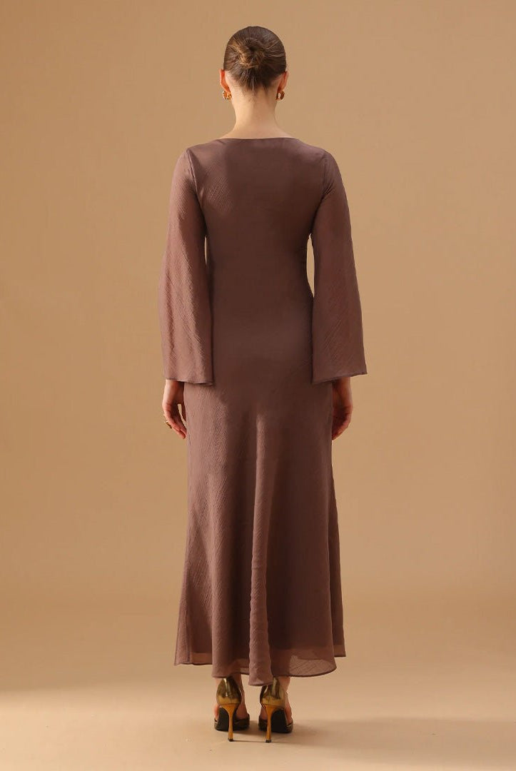 Brown Crepe Dress with Flared Long Sleeves - shopaleena