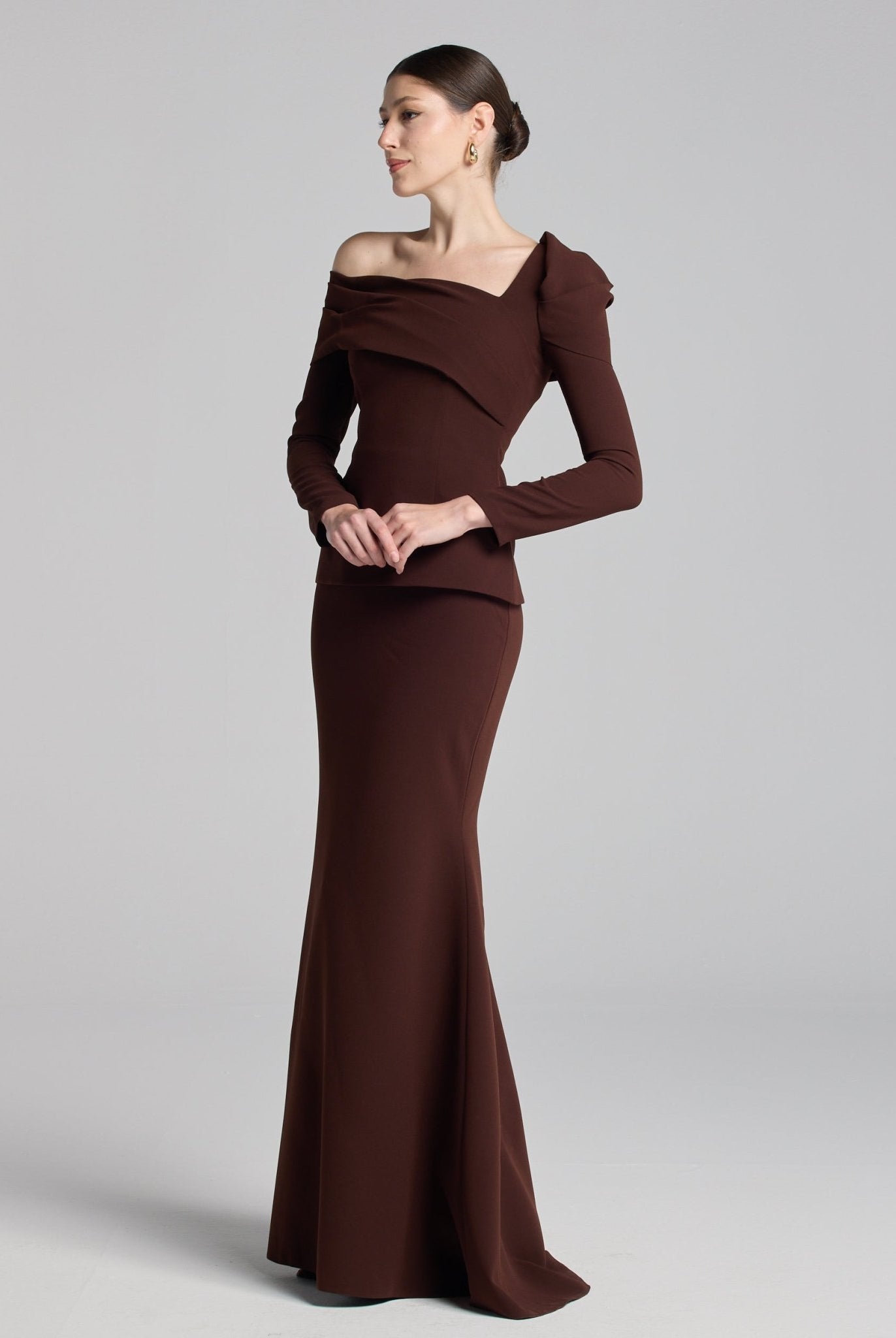 Brown Crepe Off Shoulder Draped Maxi Dress - shopaleena