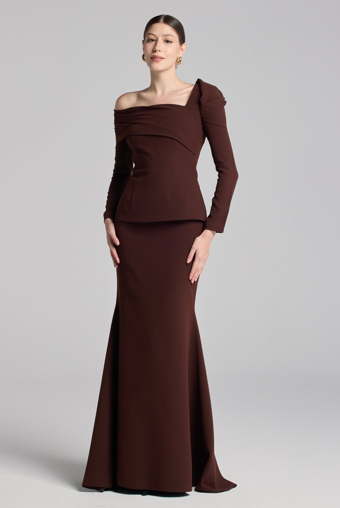 Brown Crepe Off Shoulder Draped Maxi Dress - shopaleena