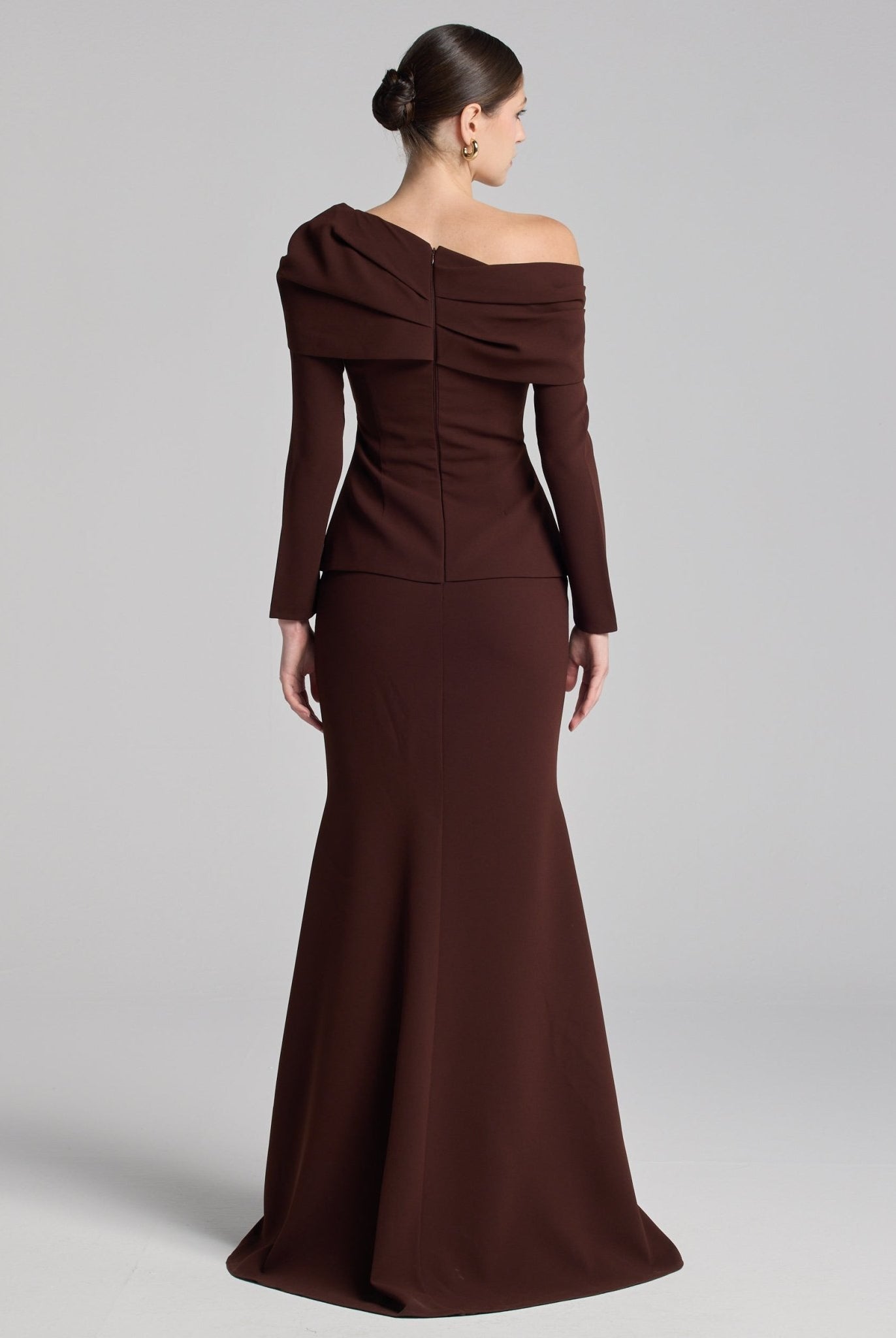 Brown Crepe Off Shoulder Draped Maxi Dress - shopaleena