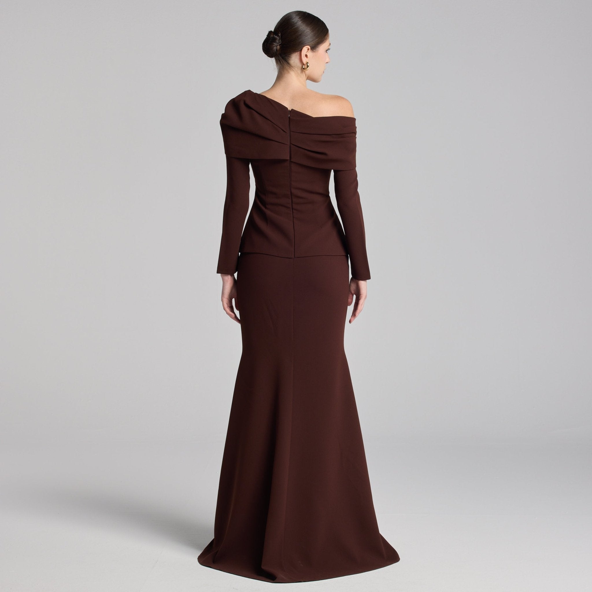 Brown Crepe Off Shoulder Draped Maxi Dress - shopaleena
