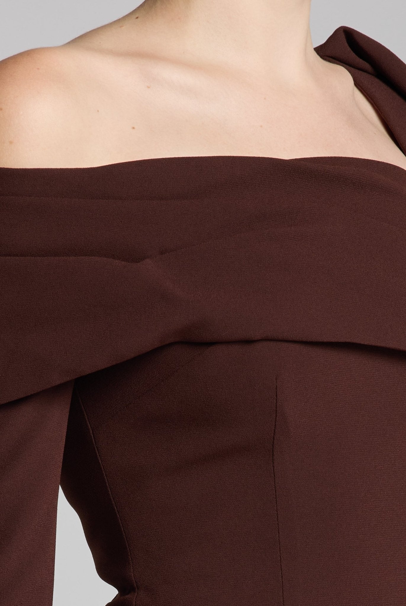 Brown Crepe Off Shoulder Draped Maxi Dress - shopaleena