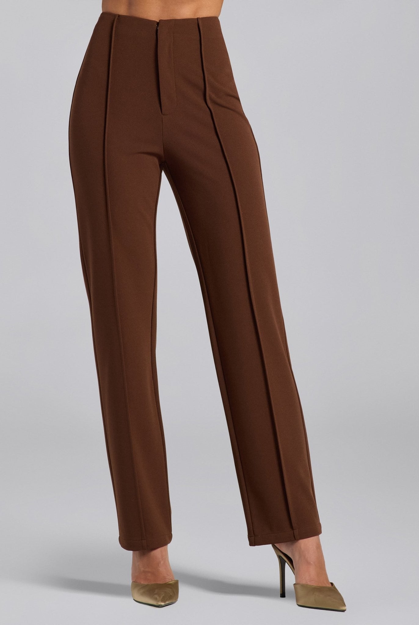 Brown Crepe V - Neck Blazer and High Waist Pants Set - shopaleena
