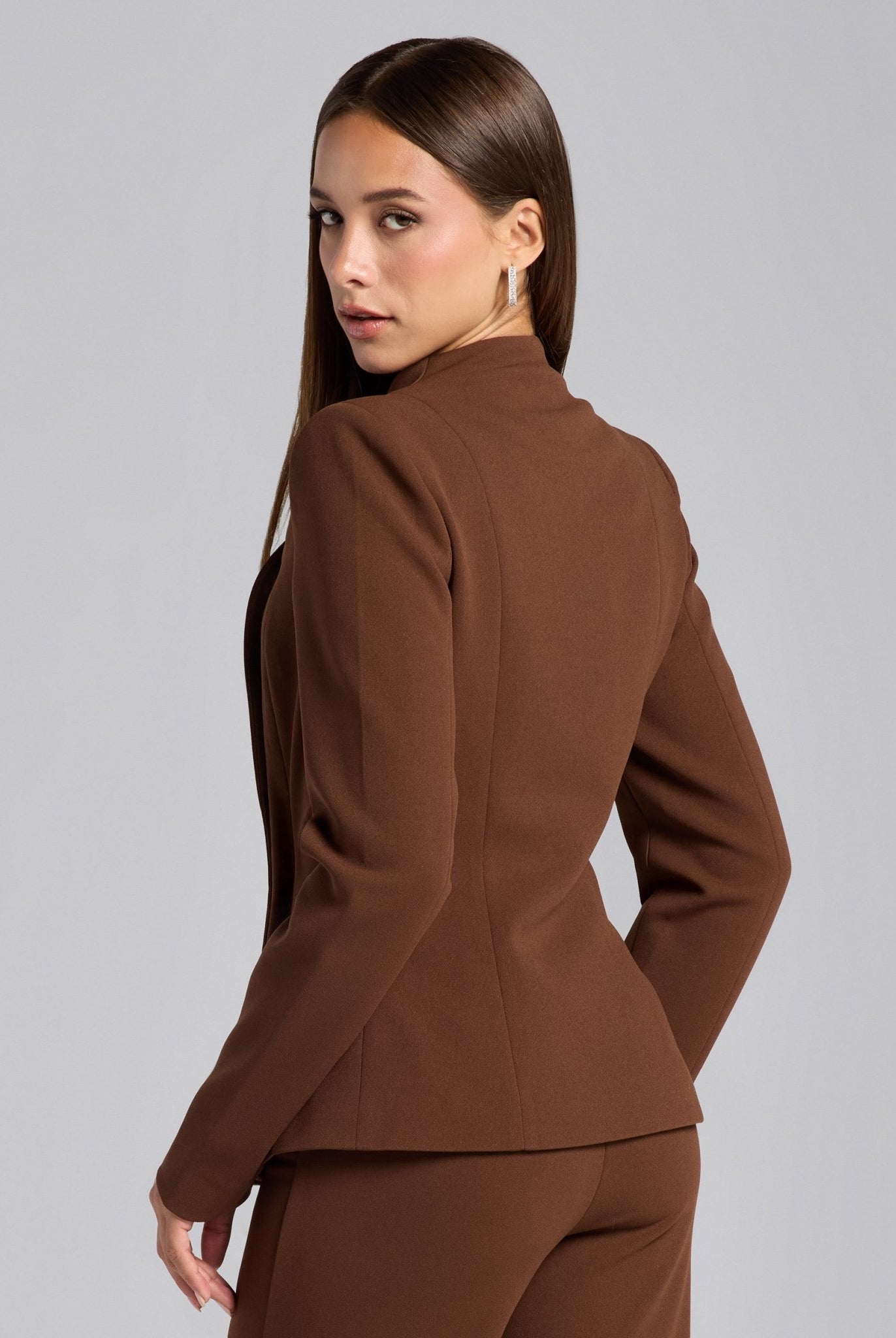Brown Crepe V - Neck Blazer and High Waist Pants Set - shopaleena