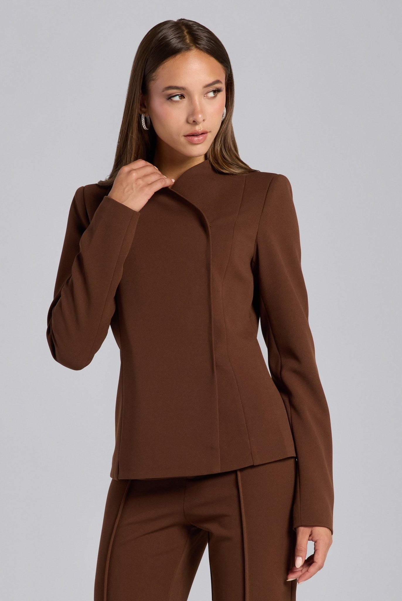 Brown Crepe V - Neck Blazer and High Waist Pants Set - shopaleena