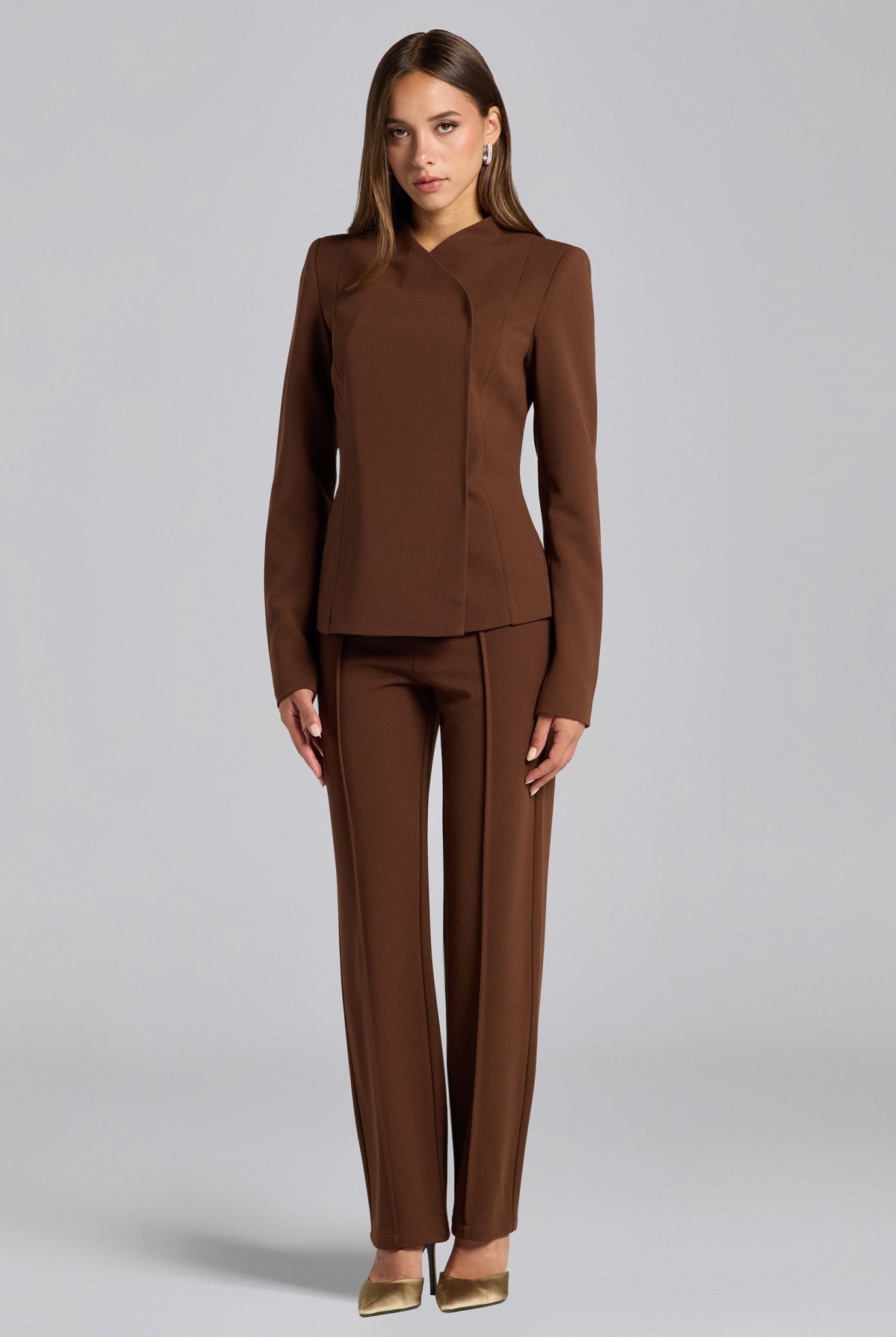 Brown Crepe V - Neck Blazer and High Waist Pants Set - shopaleena