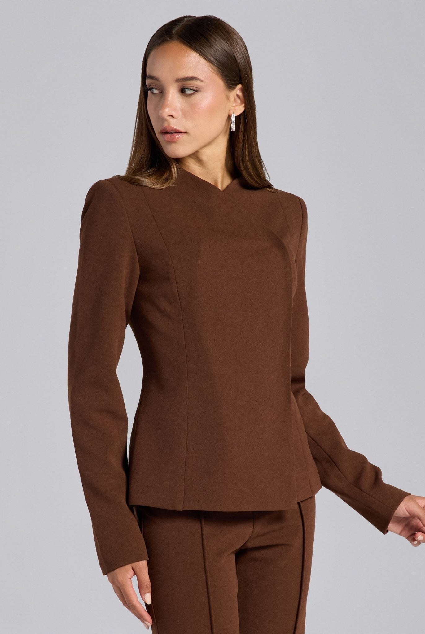 Brown Crepe V - Neck Blazer and High Waist Pants Set - shopaleena