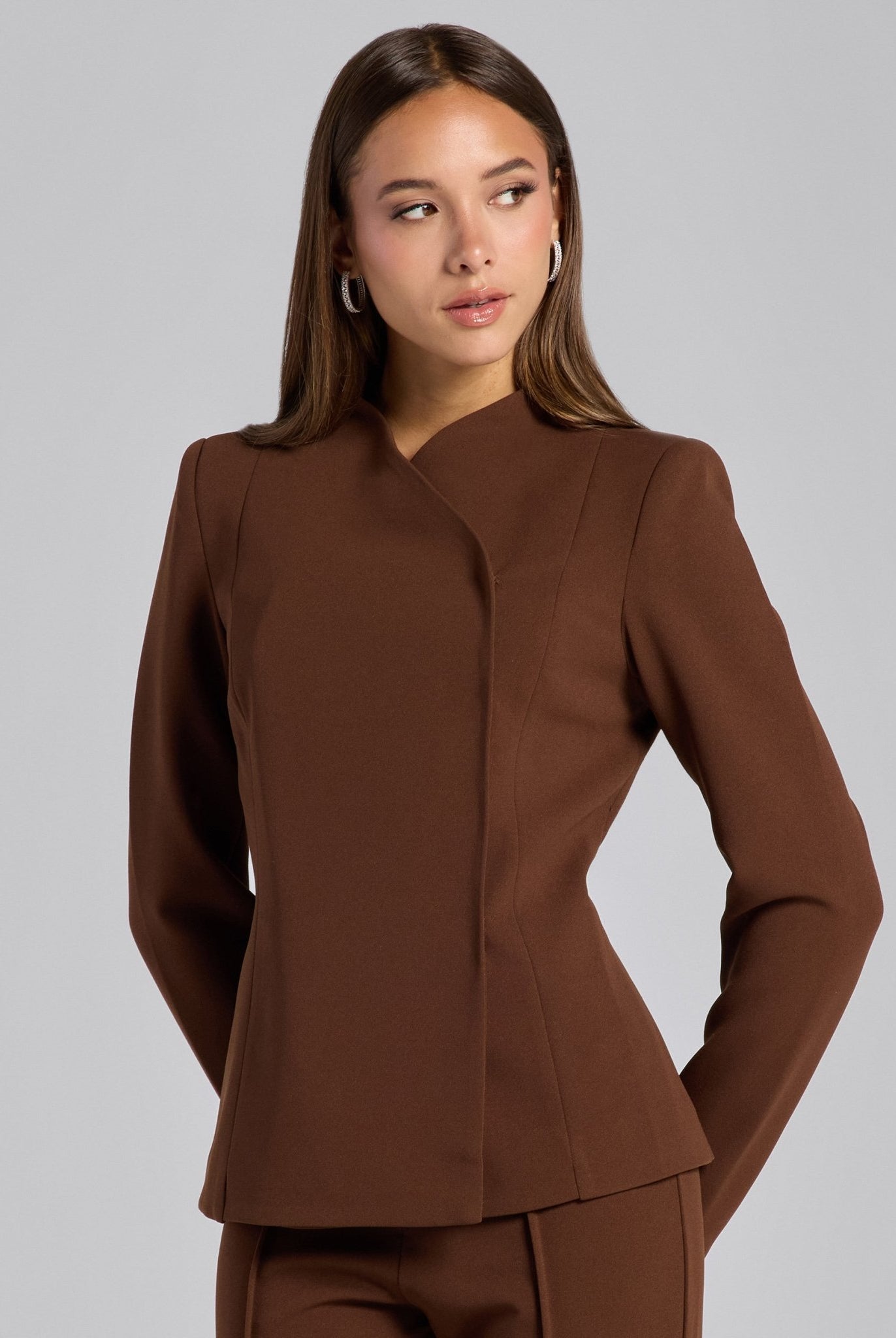 Brown Crepe V - Neck Blazer and High Waist Pants Set - shopaleena