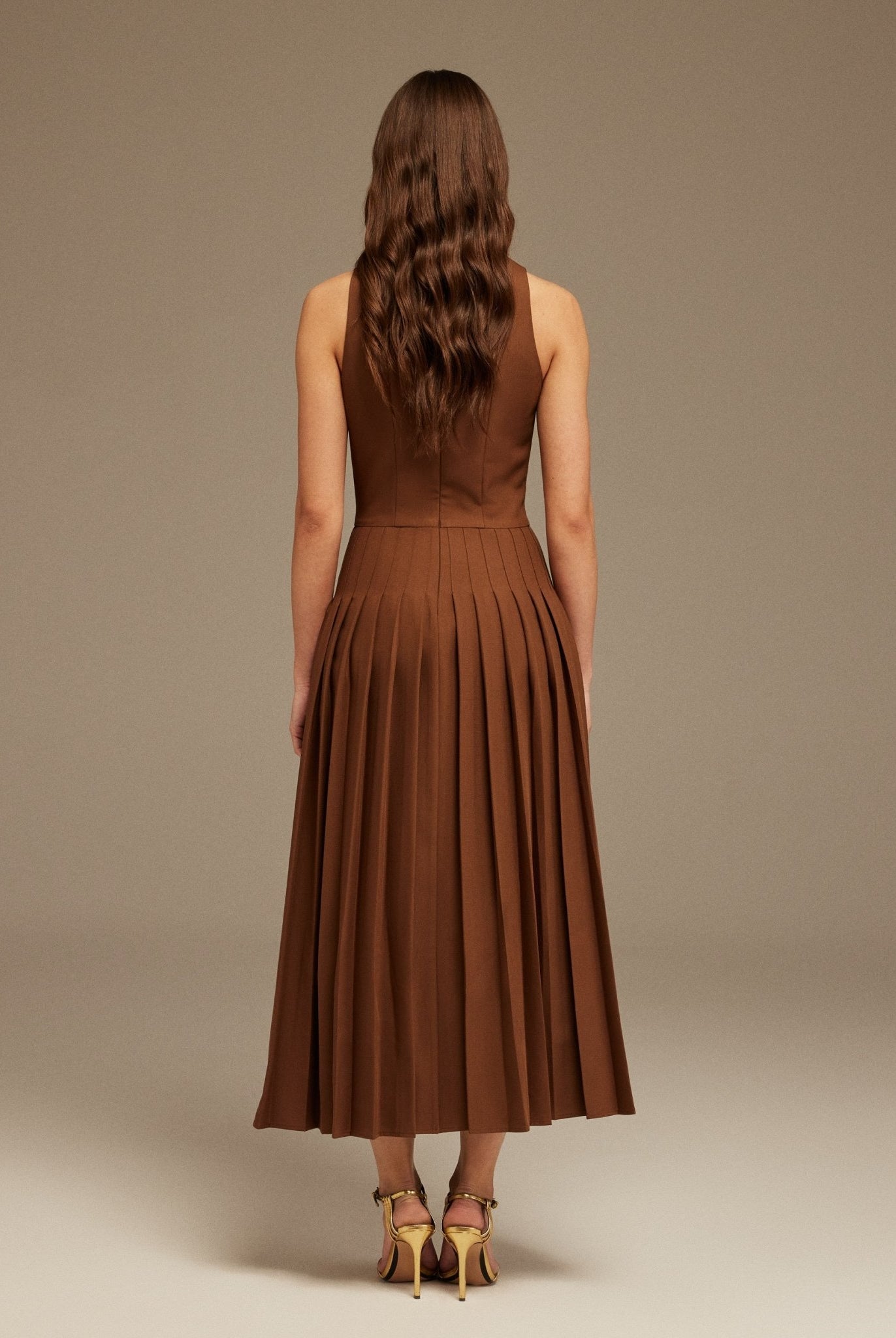 Brown Drape Halter Neck Maxi Dress - shopaleena