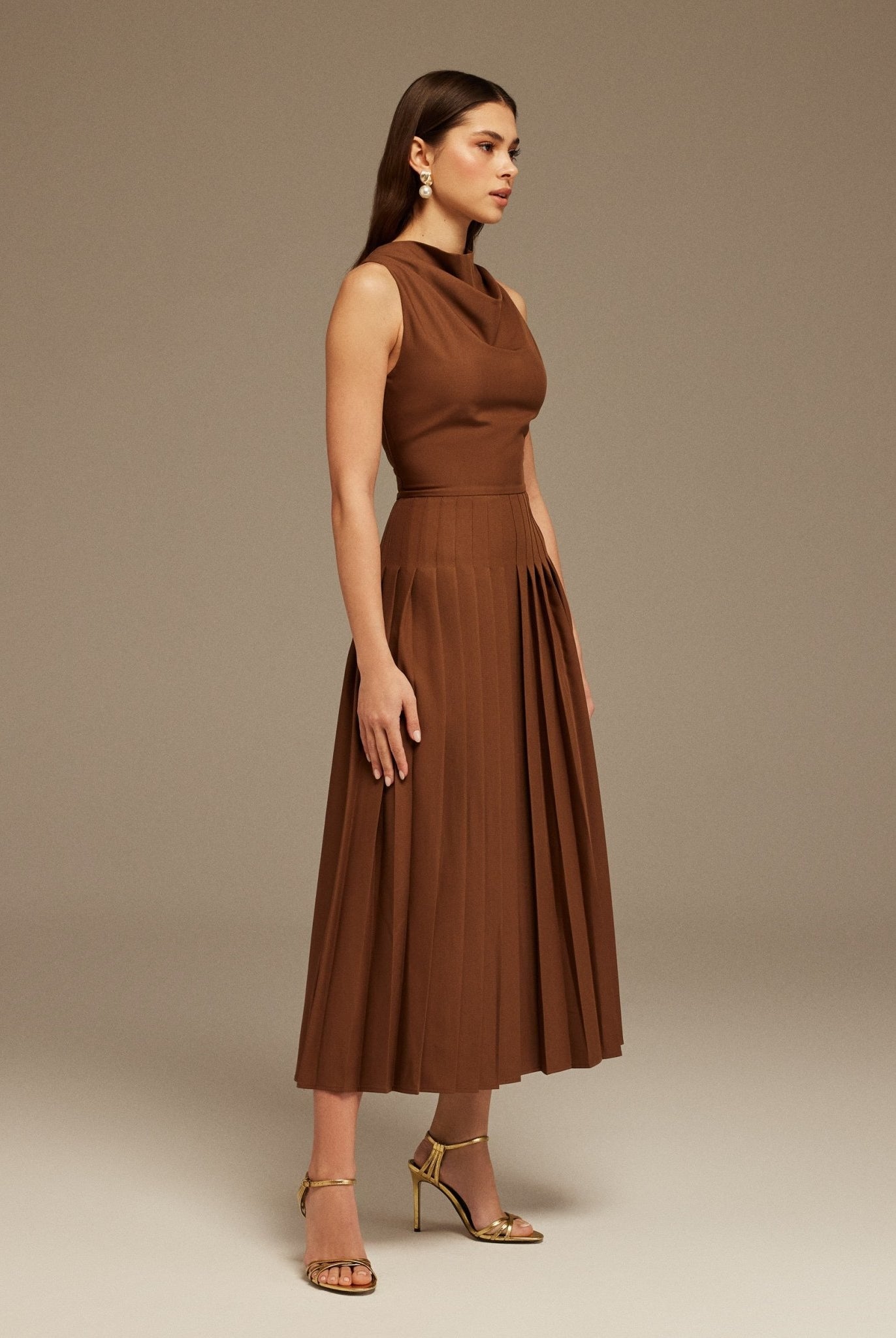 Brown Drape Halter Neck Maxi Dress - shopaleena