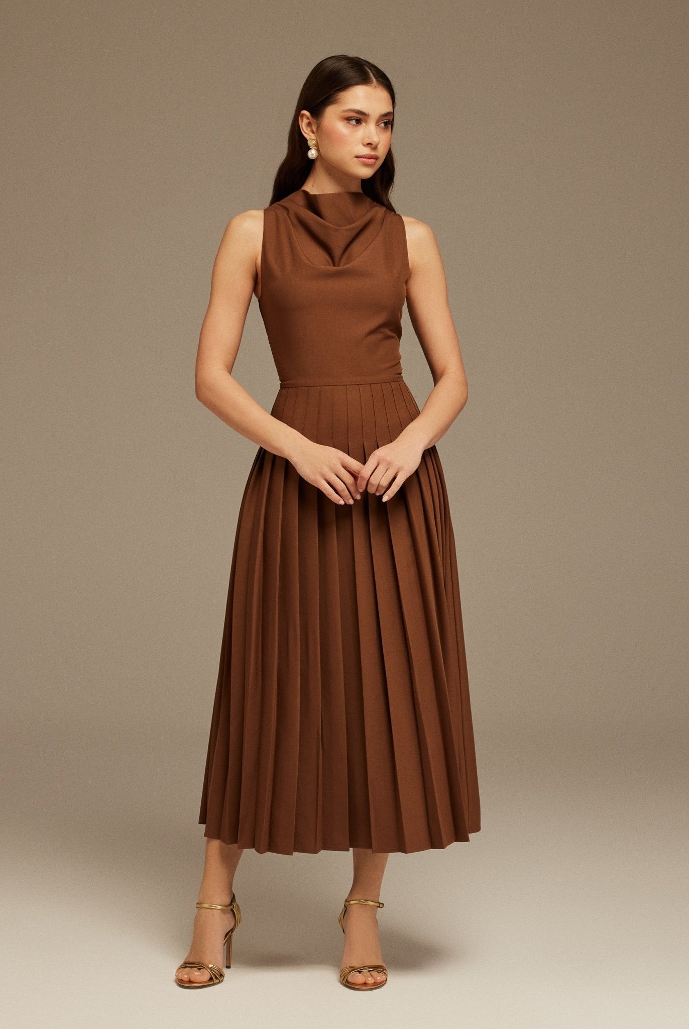 Brown Drape Halter Neck Maxi Dress - shopaleena