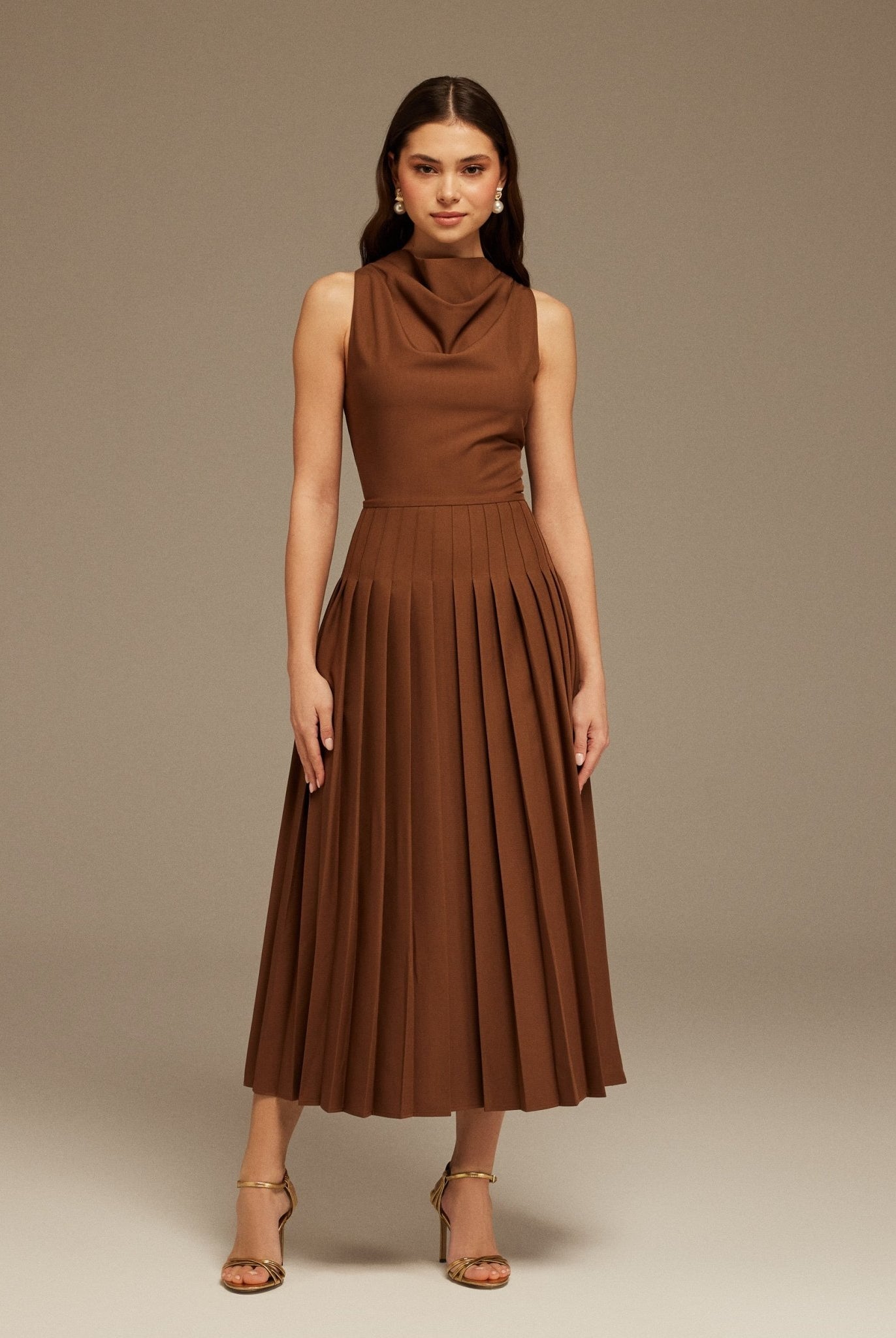 Brown Drape Halter Neck Maxi Dress - shopaleena
