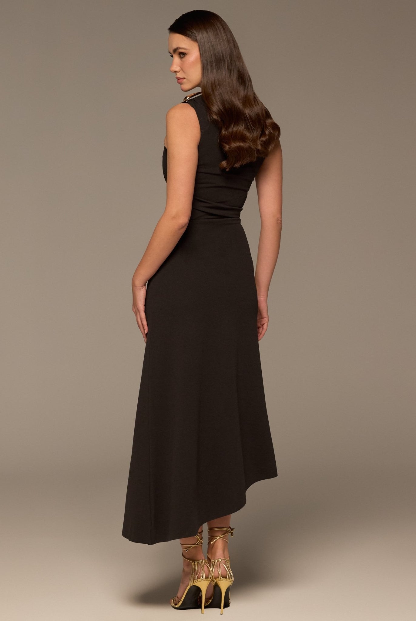 Brown Draped Asymmetric Crepe Dress - shopaleena