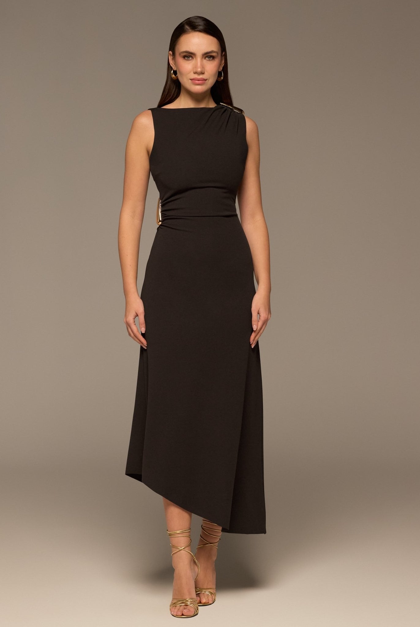 Brown Draped Asymmetric Crepe Dress - shopaleena